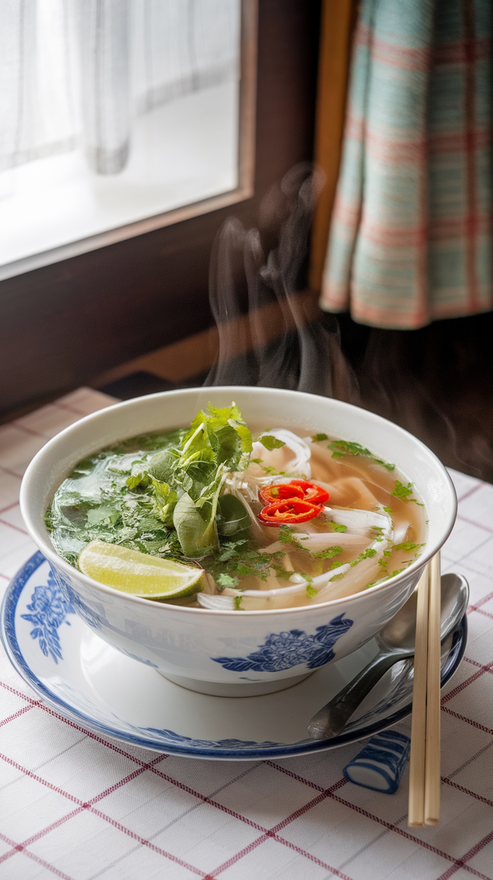 A steaming bowl of Vietnamese Pho with fresh herbs, lime, and chili.