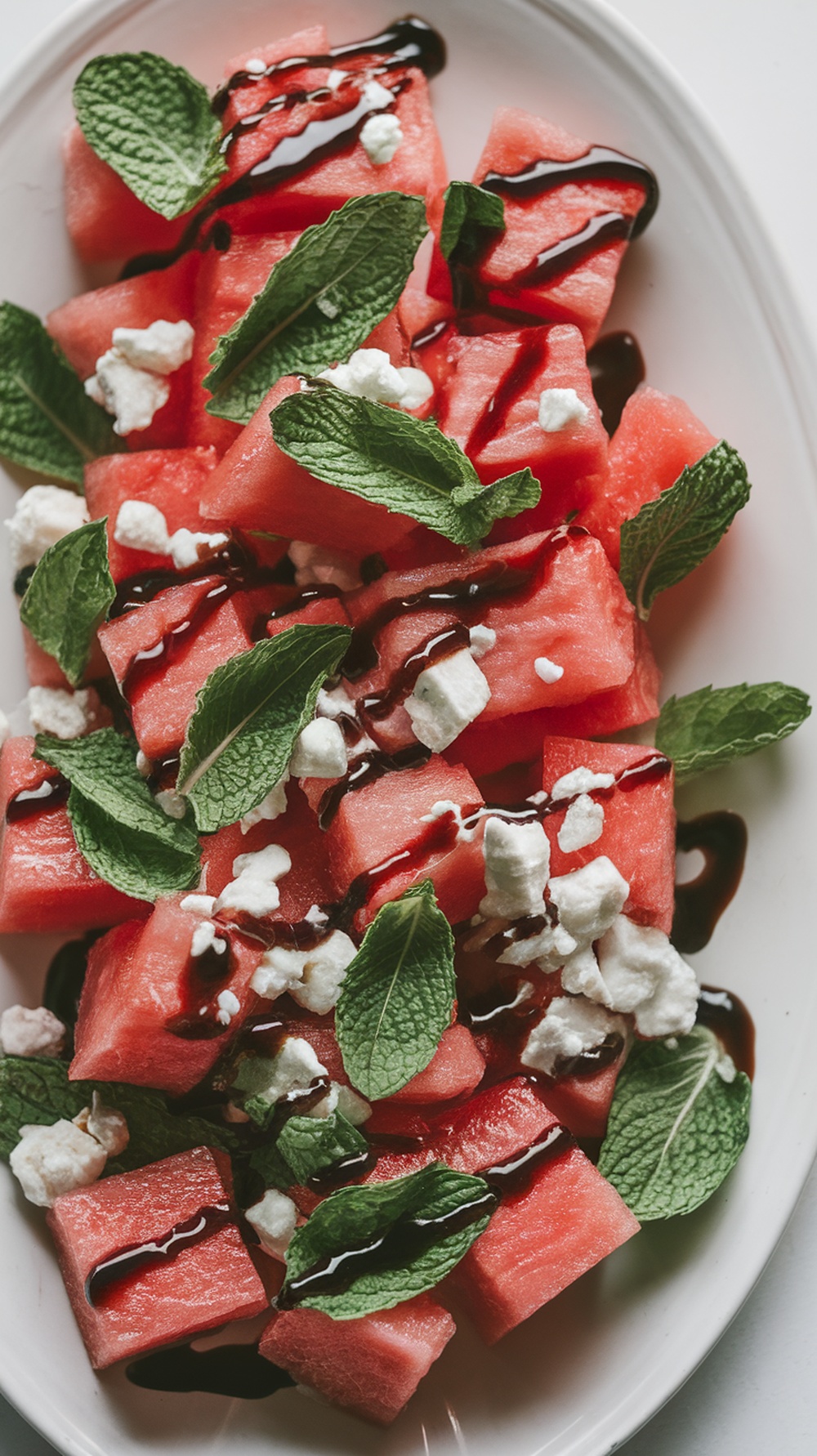 A vibrant watermelon and feta salad topped with mint leaves and balsamic reduction.