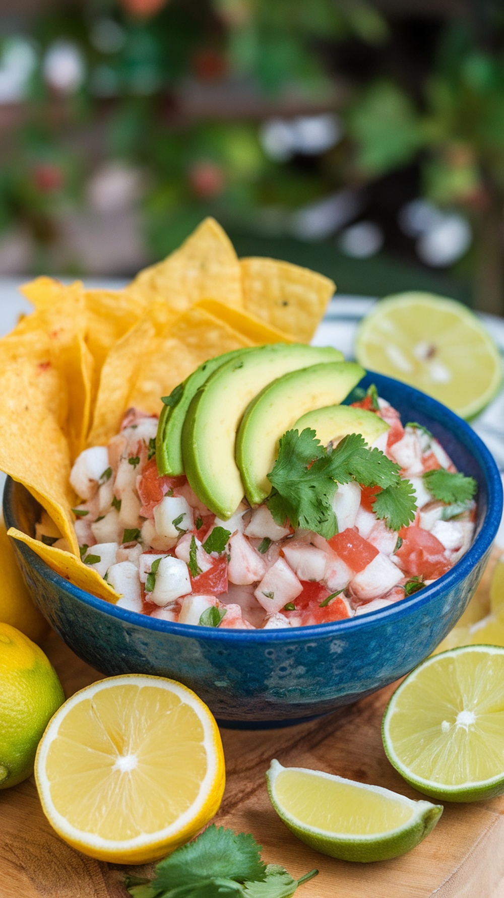 A bowl of ceviche with avocado and cilantro, served with tortilla chips and lemon slices.