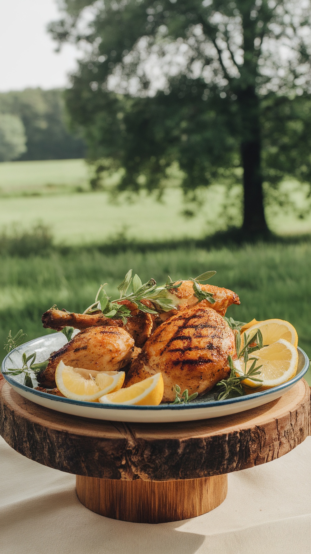 Grilled chicken garnished with lemon slices and herbs on a wooden platter