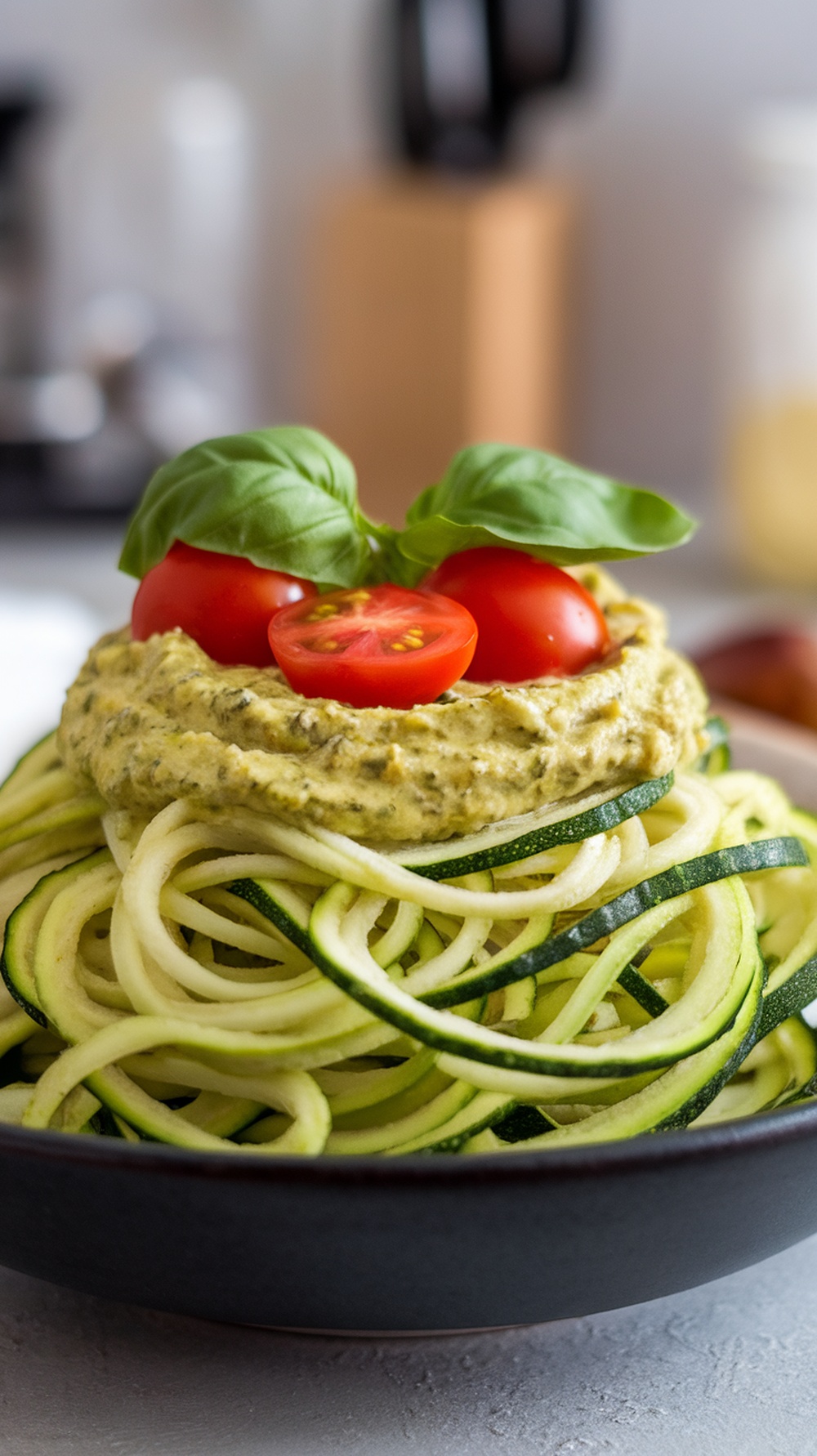 A bowl of zucchini noodles topped with avocado pesto, cherry tomatoes, and fresh basil.