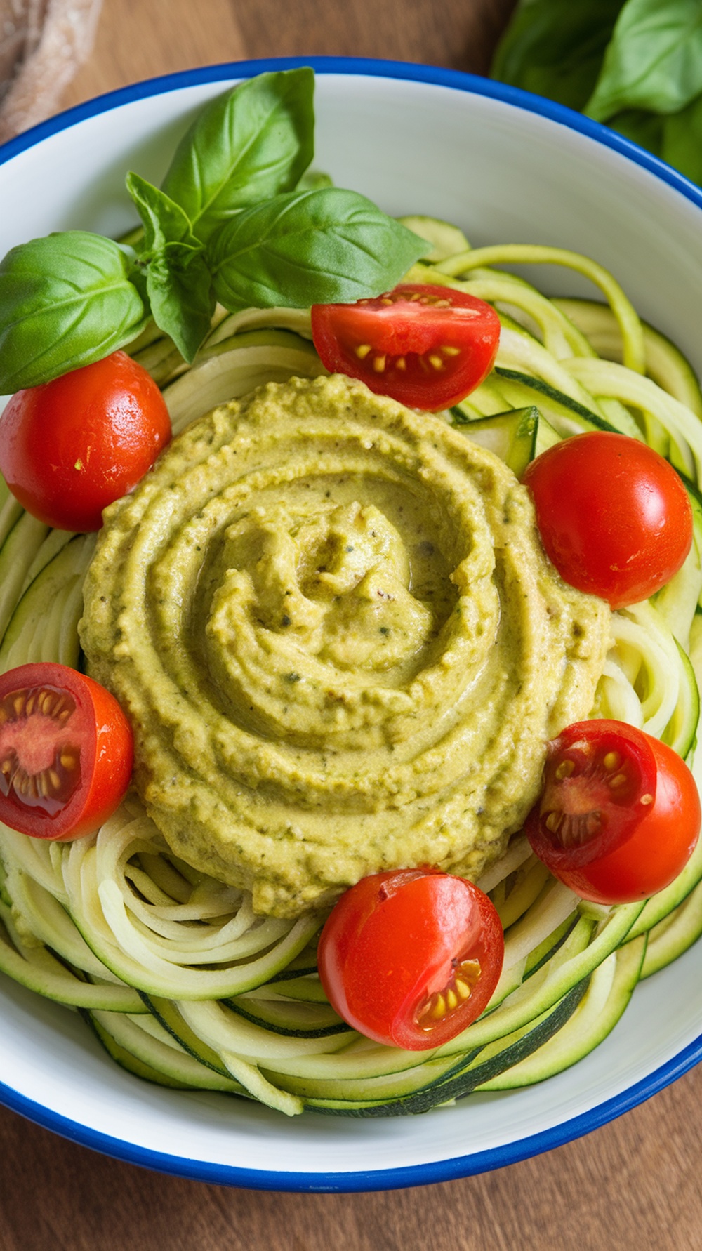 A bowl of zucchini noodles topped with creamy avocado pesto and cherry tomatoes.