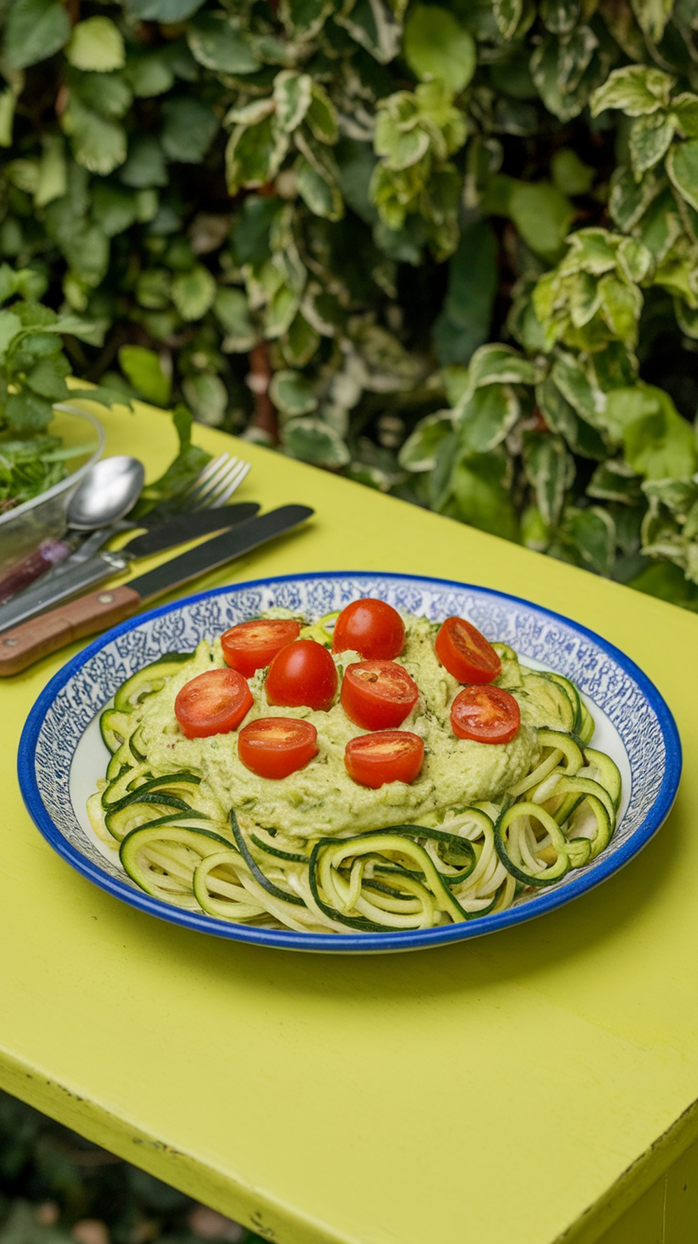 A plate of zucchini noodles topped with avocado sauce and cherry tomatoes, set on a bright yellow table.