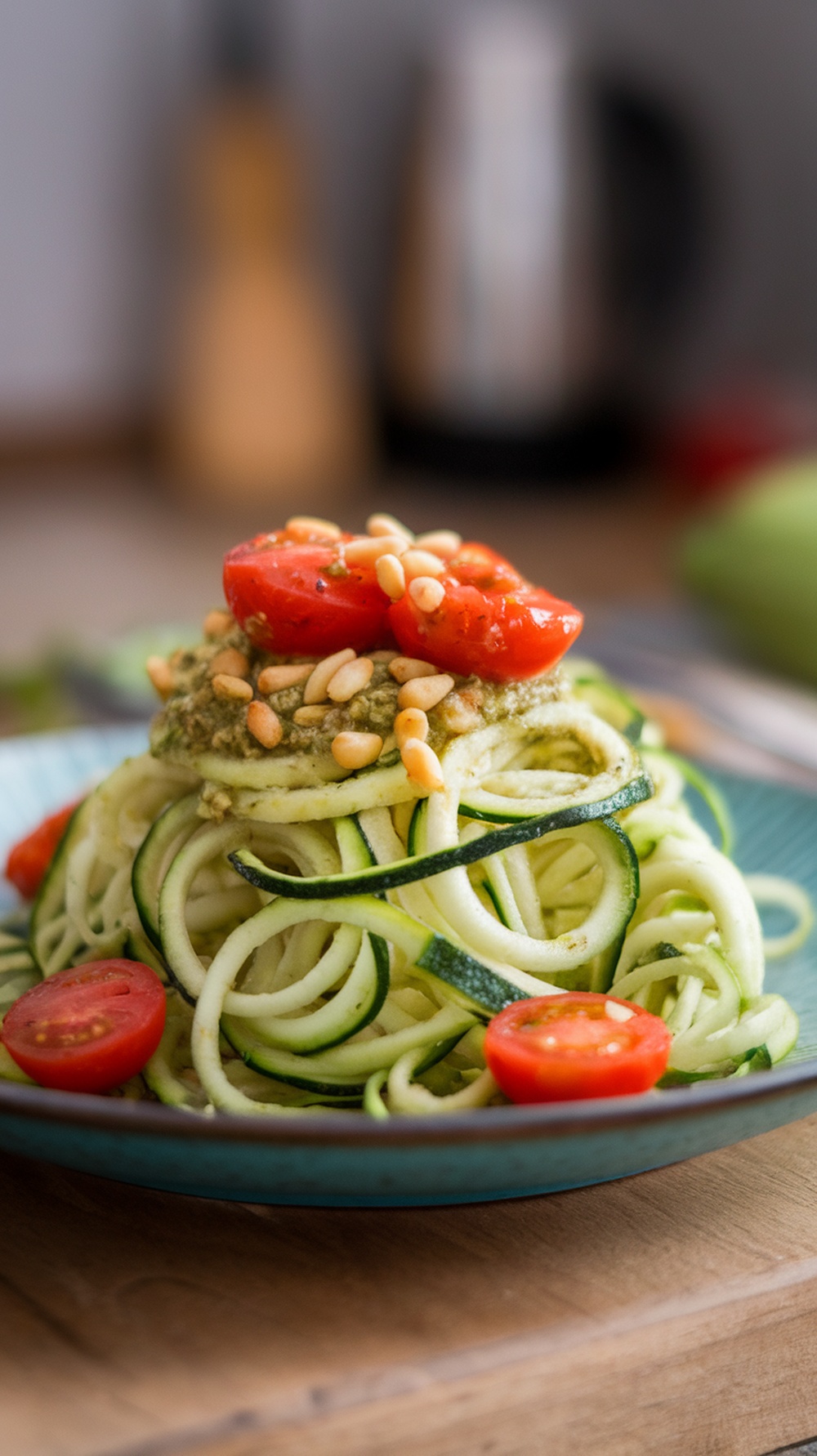A plate of zucchini noodles topped with pesto, cherry tomatoes, and pine nuts.