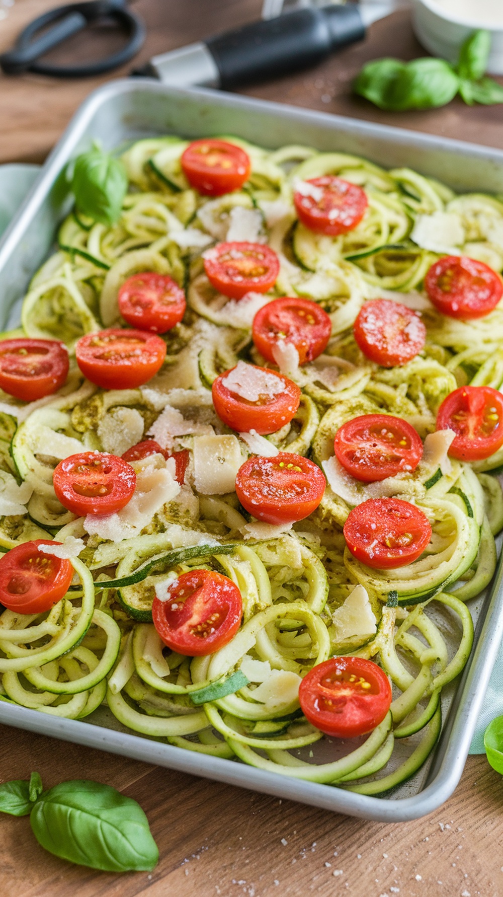 A sheet pan filled with zucchini noodles, cherry tomatoes, and pesto, garnished with cheese.
