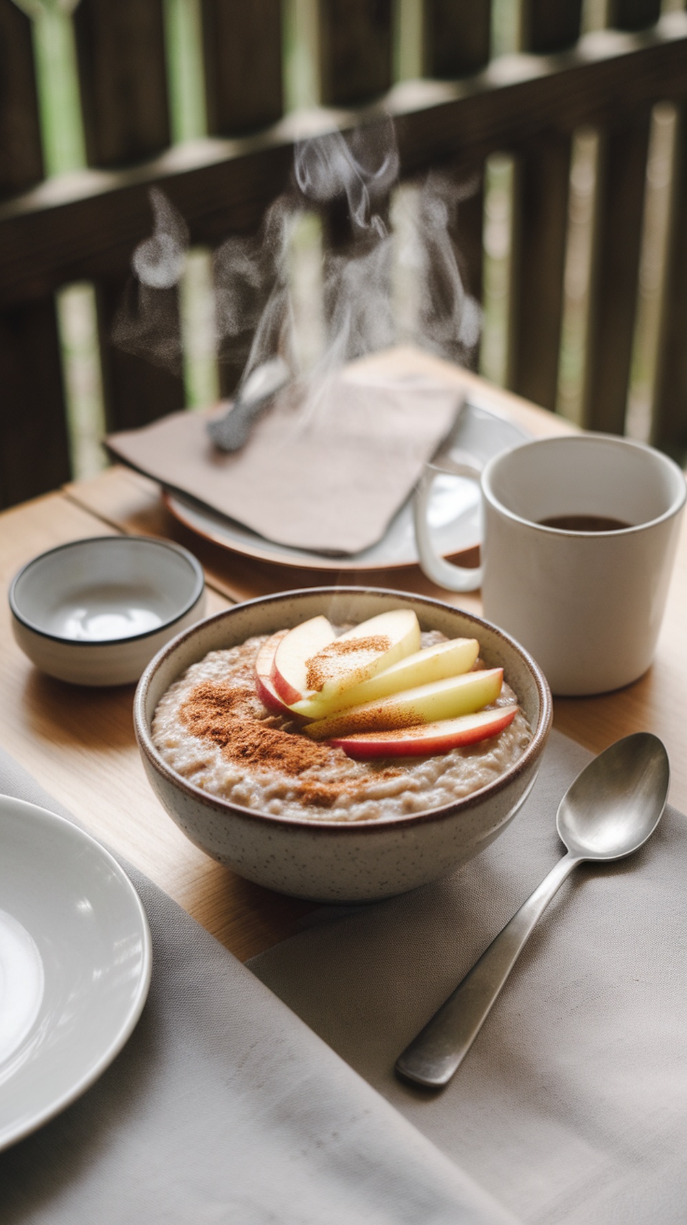 A bowl of steaming buckwheat porridge topped with apple slices and cinnamon, with a cup of coffee in the background.