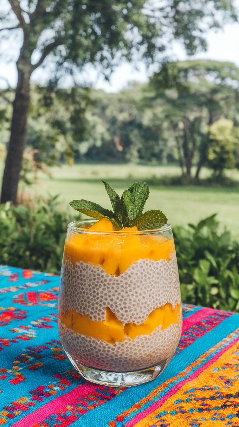 A glass of chia seed pudding layered with mango and garnished with mint leaves, set against a colorful background.