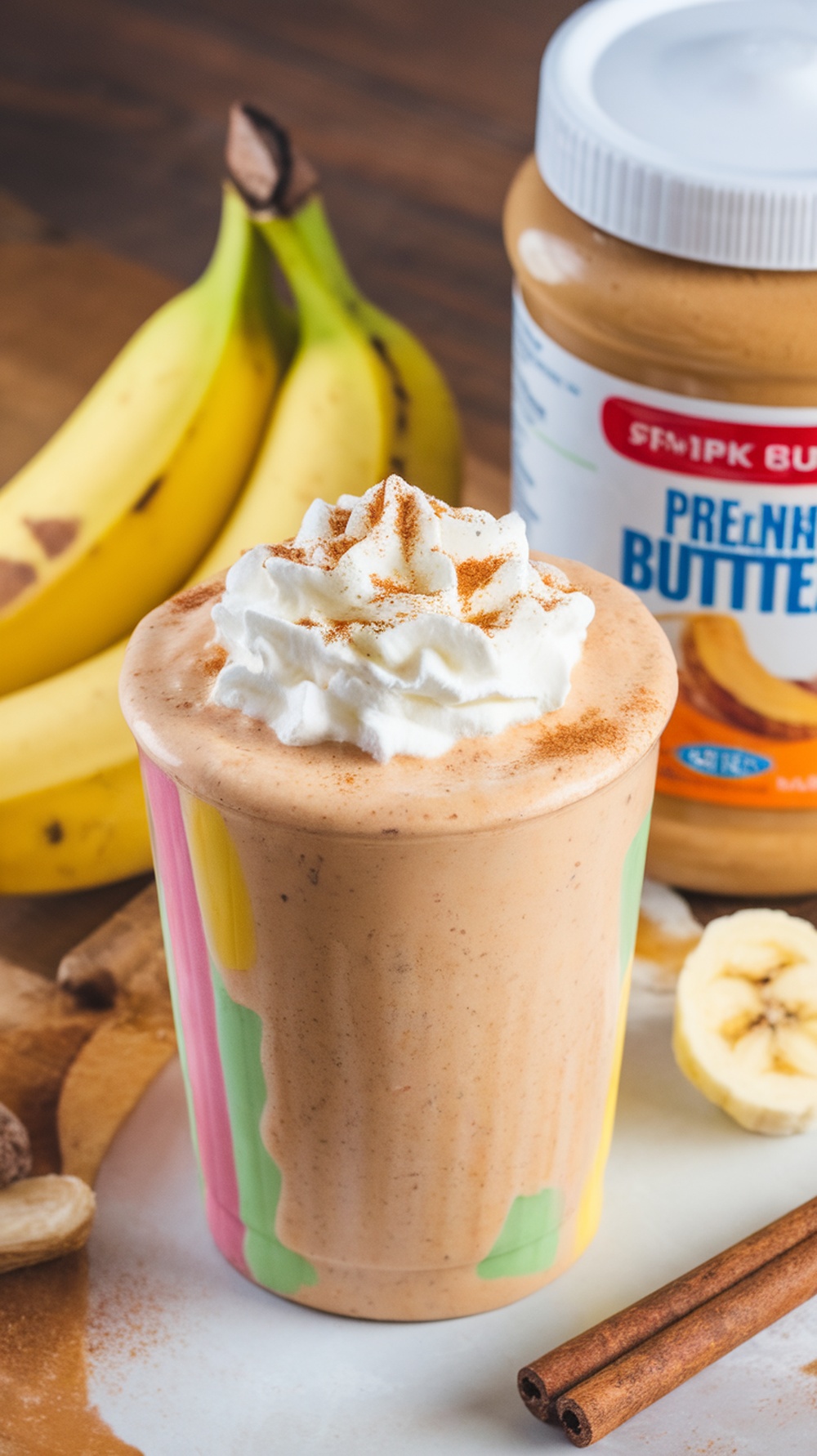A delicious peanut butter and banana smoothie topped with whipped cream and cinnamon, with bananas and peanut butter in the background.