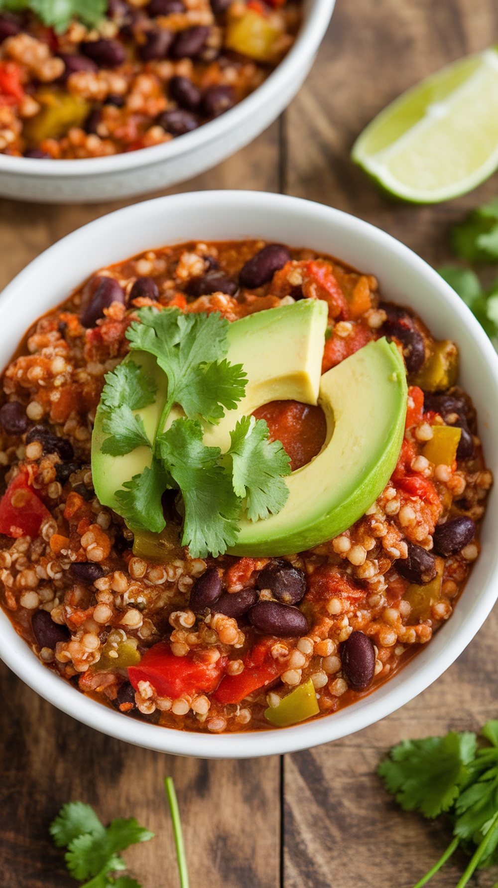 Hearty Quinoa and Black Bean Chili Recipe A bowl of quinoa and black bean chili garnished with cilantro and avocado, set on a rustic wooden table.