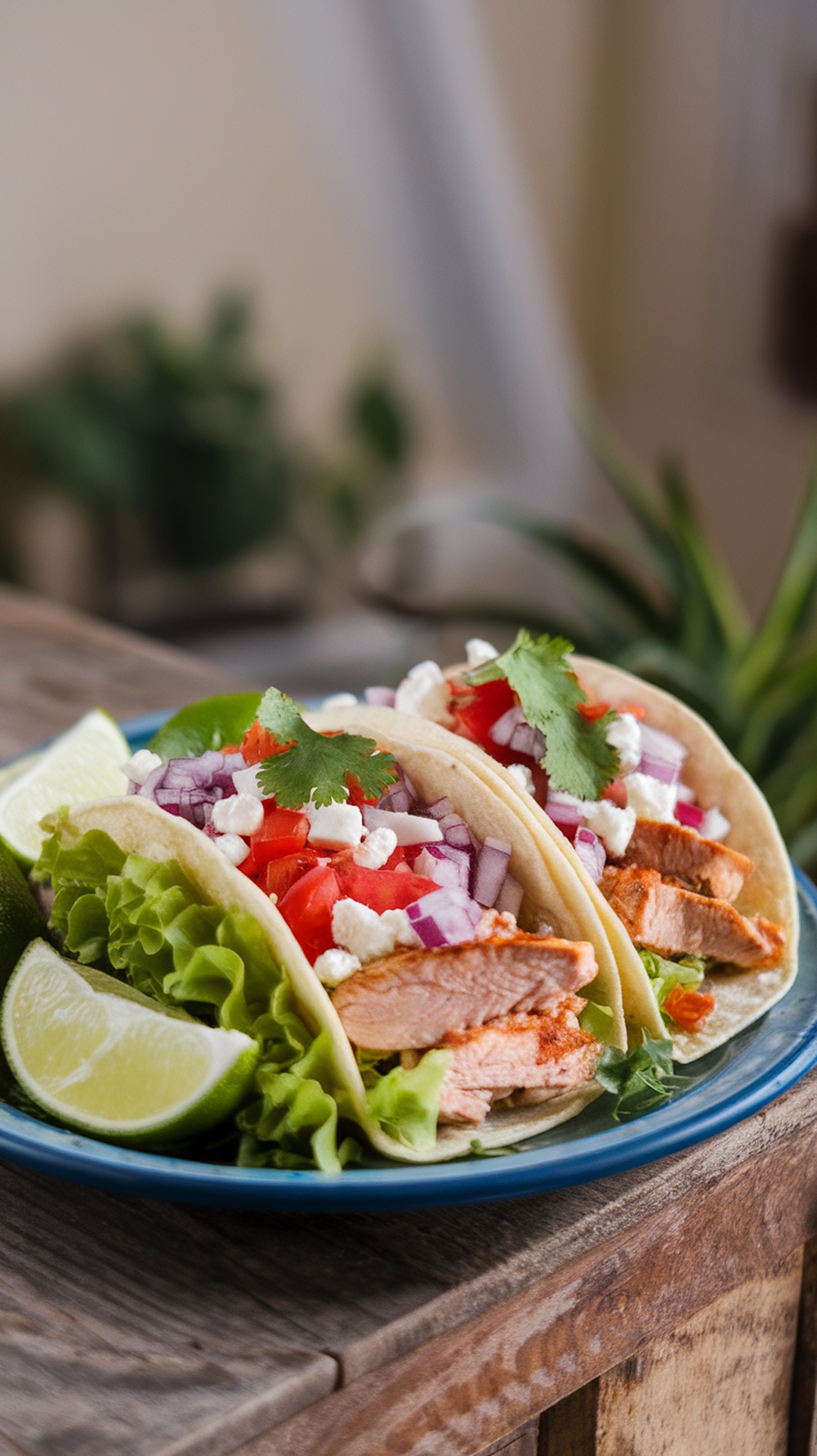 Greek Yogurt Chicken Tacos Recipe Greek yogurt chicken tacos with fresh toppings on a wooden table.