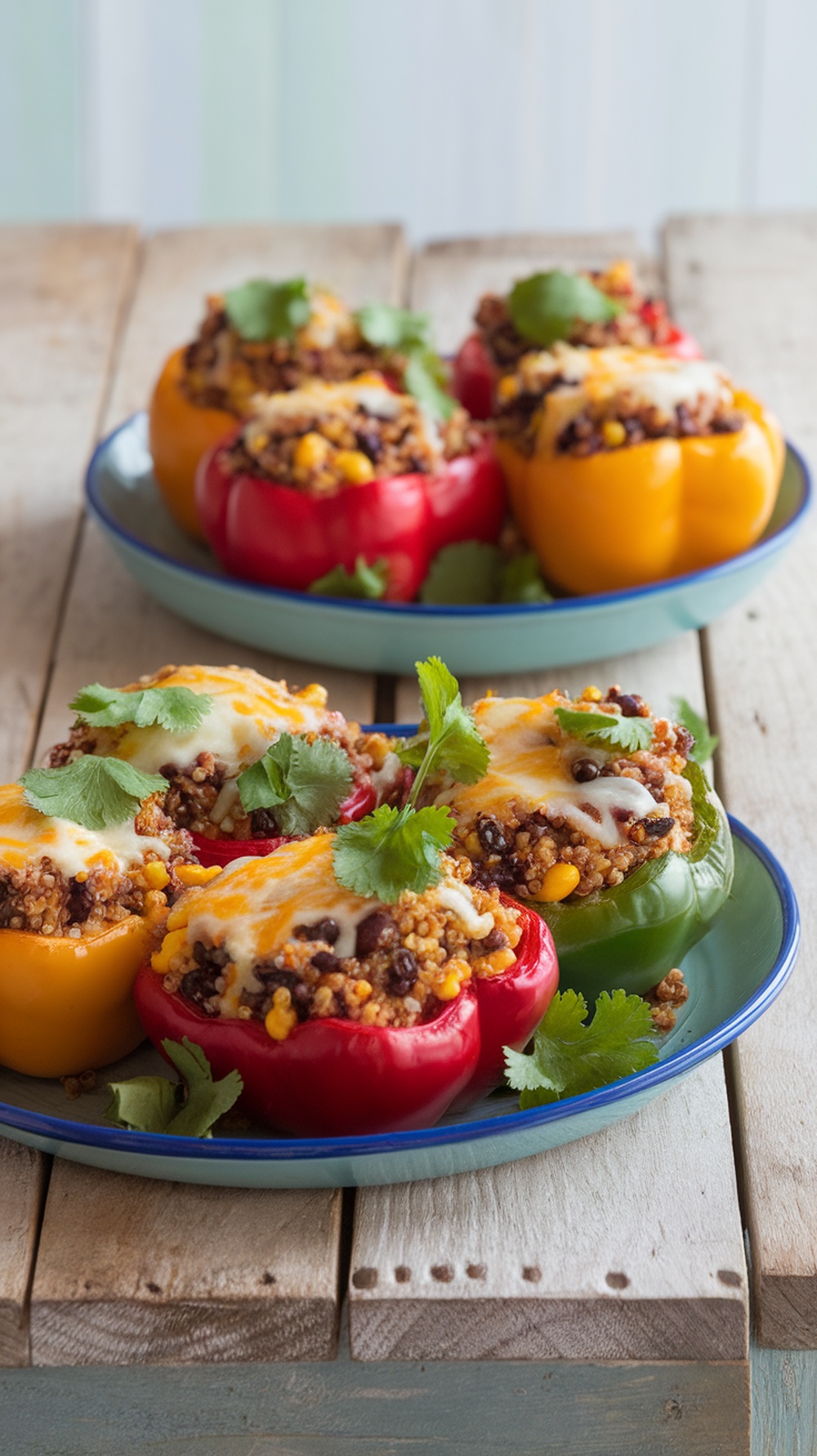 Wholesome Quinoa Stuffed Bell Peppers Quinoa stuffed bell peppers filled with black beans and corn, topped with cheese, on a wooden table.