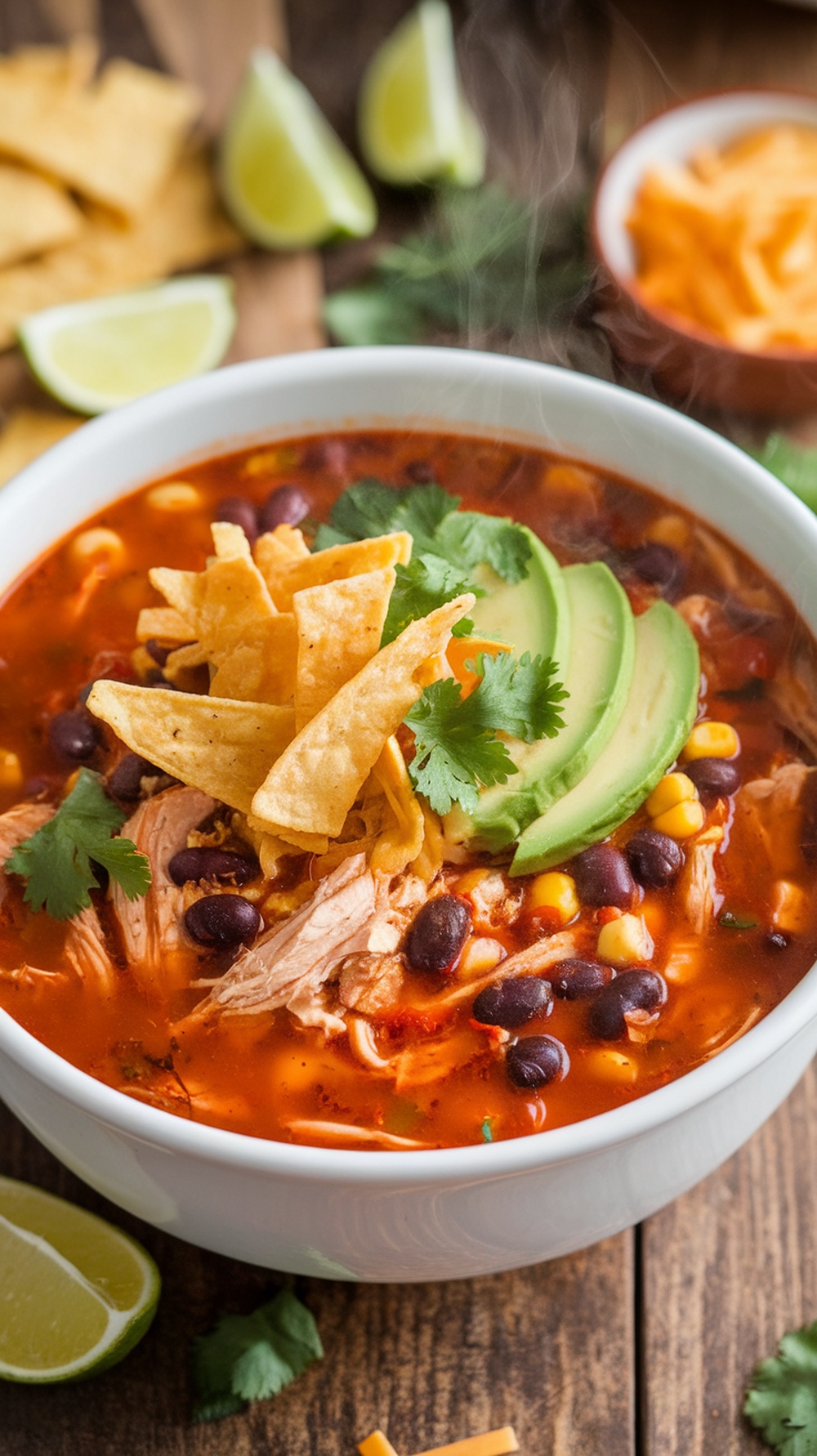 Chicken Tortilla Crockpot Soup Recipe A bowl of Chicken Tortilla Soup with chicken, beans, corn, garnished with tortilla strips and avocado on a wooden table.