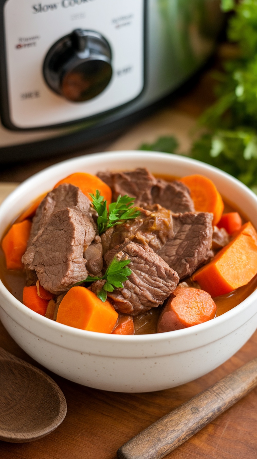 A hearty bowl of beef and sweet potato stew with carrots and parsley, set in a cozy kitchen.