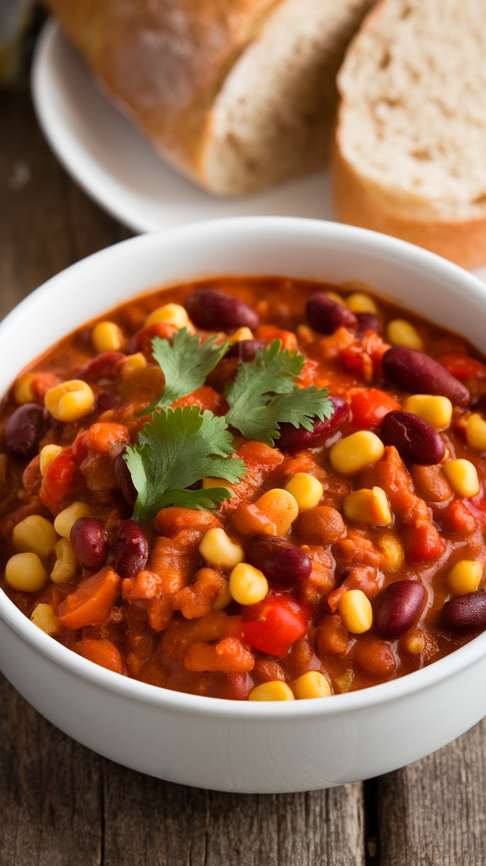 Hearty Vegetarian Chili Recipe for Crockpot A bowl of vegetarian chili with beans, corn, and peppers, garnished with cilantro, on a rustic table with bread.