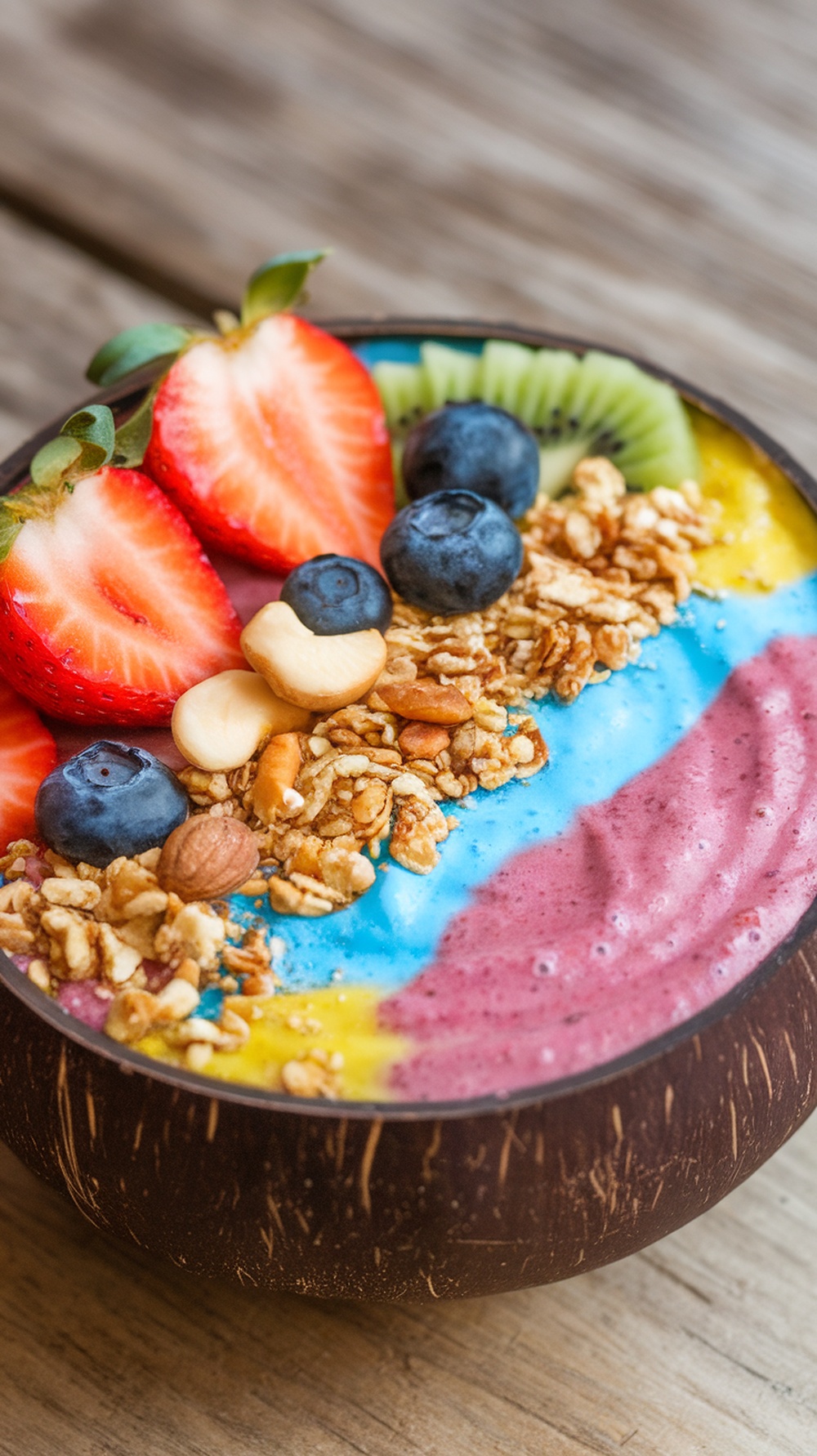 A colorful smoothie bowl topped with granola, nuts, and fresh fruits.