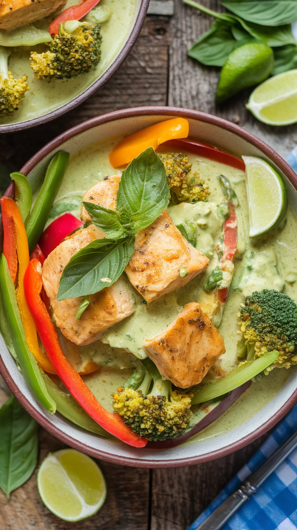 Slow Cooker Thai Green Curry A bowl of Thai green curry with chicken, vegetables, and basil, served with lime wedges.