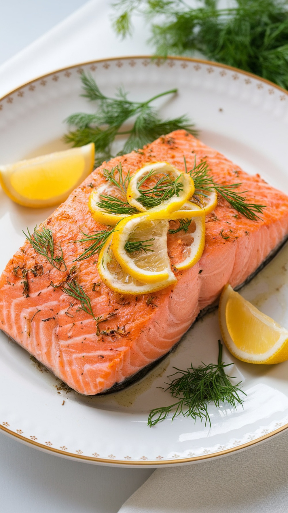 Herb-Crusted Baked Salmon with Dill Baked salmon fillet garnished with dill and lemon on a white plate.