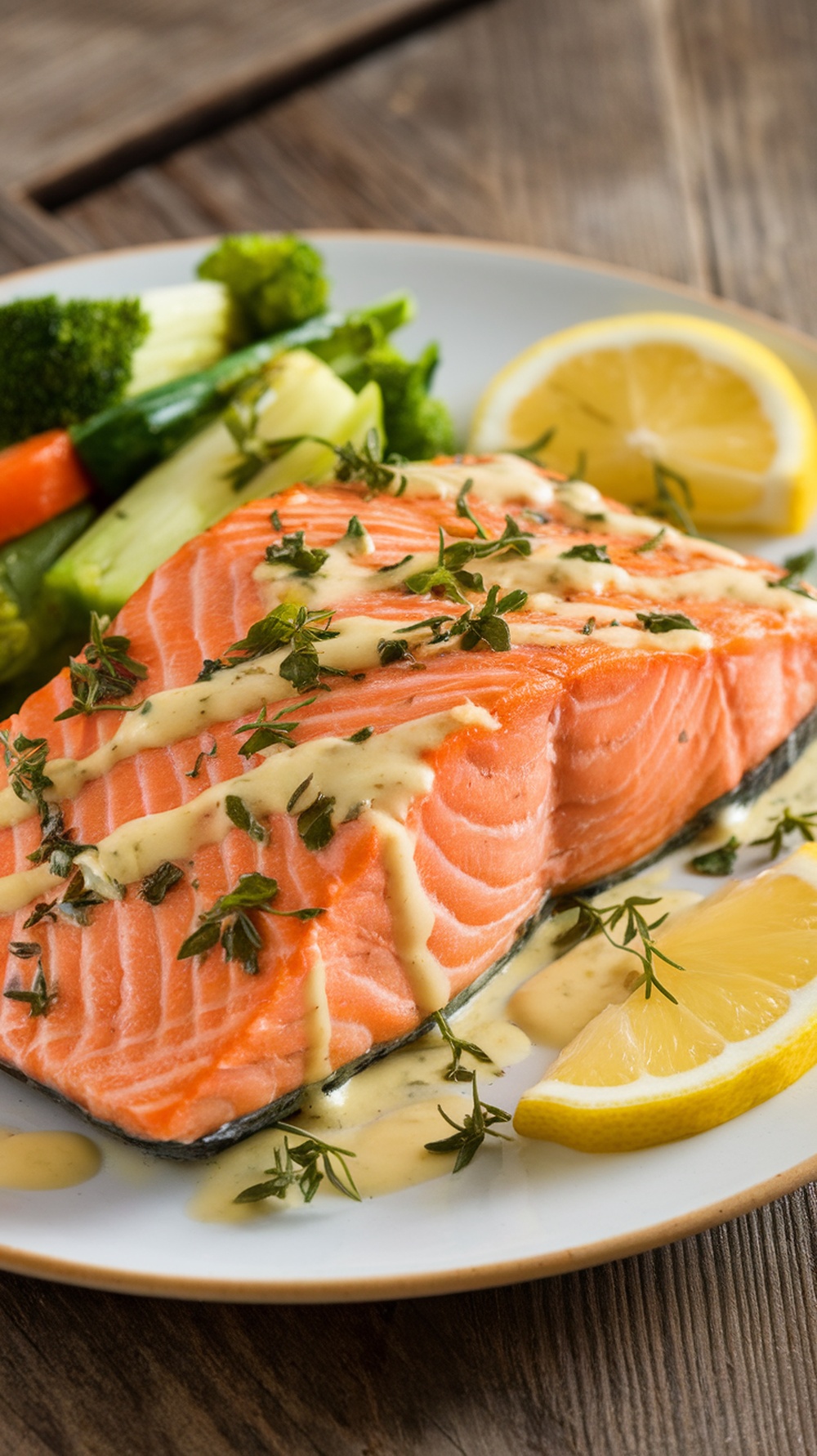 A cooked salmon fillet with lemon herb sauce, garnished with herbs and lemon slices, on a rustic wooden table.