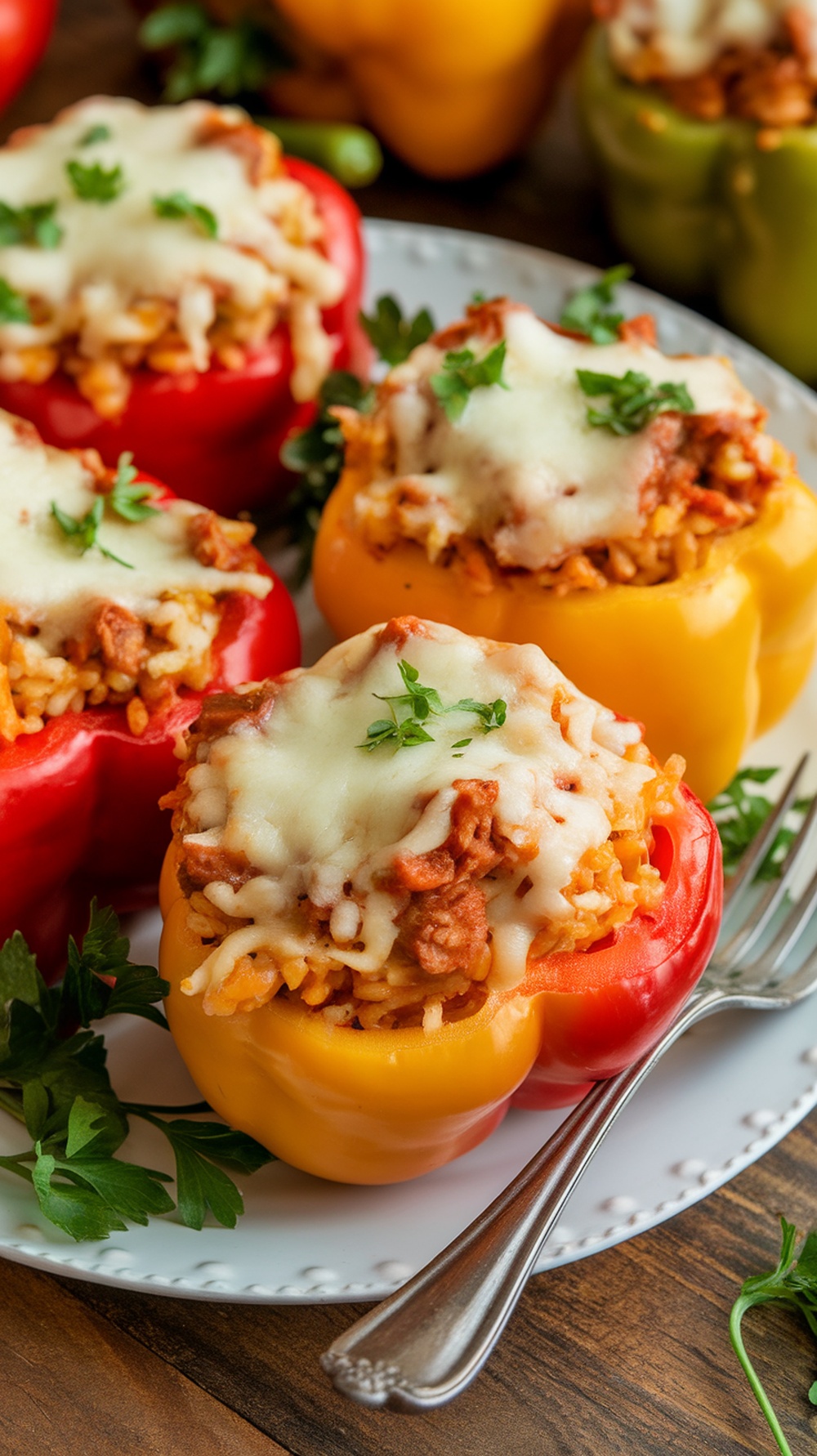 Crockpot Turkey Stuffed Peppers Recipe Stuffed bell peppers with turkey and rice filling, topped with cheese, on a rustic wooden table.