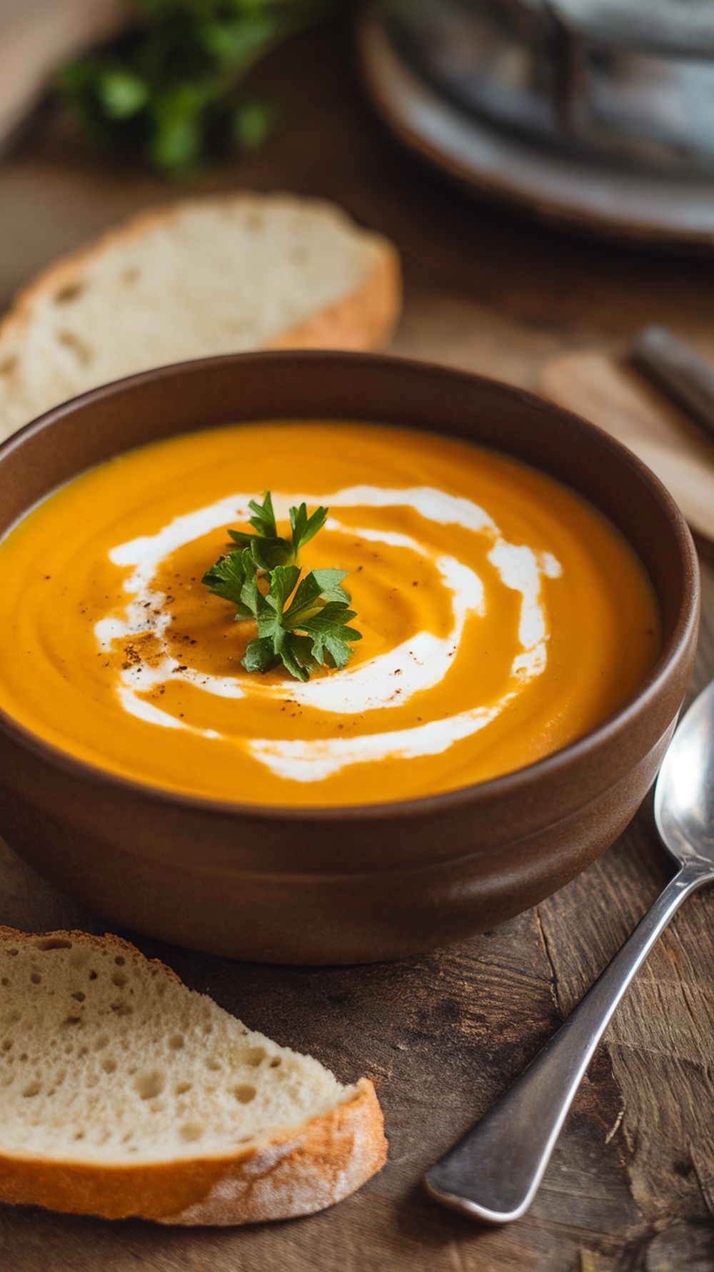 Creamy Butternut Squash Crockpot Soup Recipe A bowl of creamy butternut squash soup with coconut cream and parsley on a rustic table with bread.
