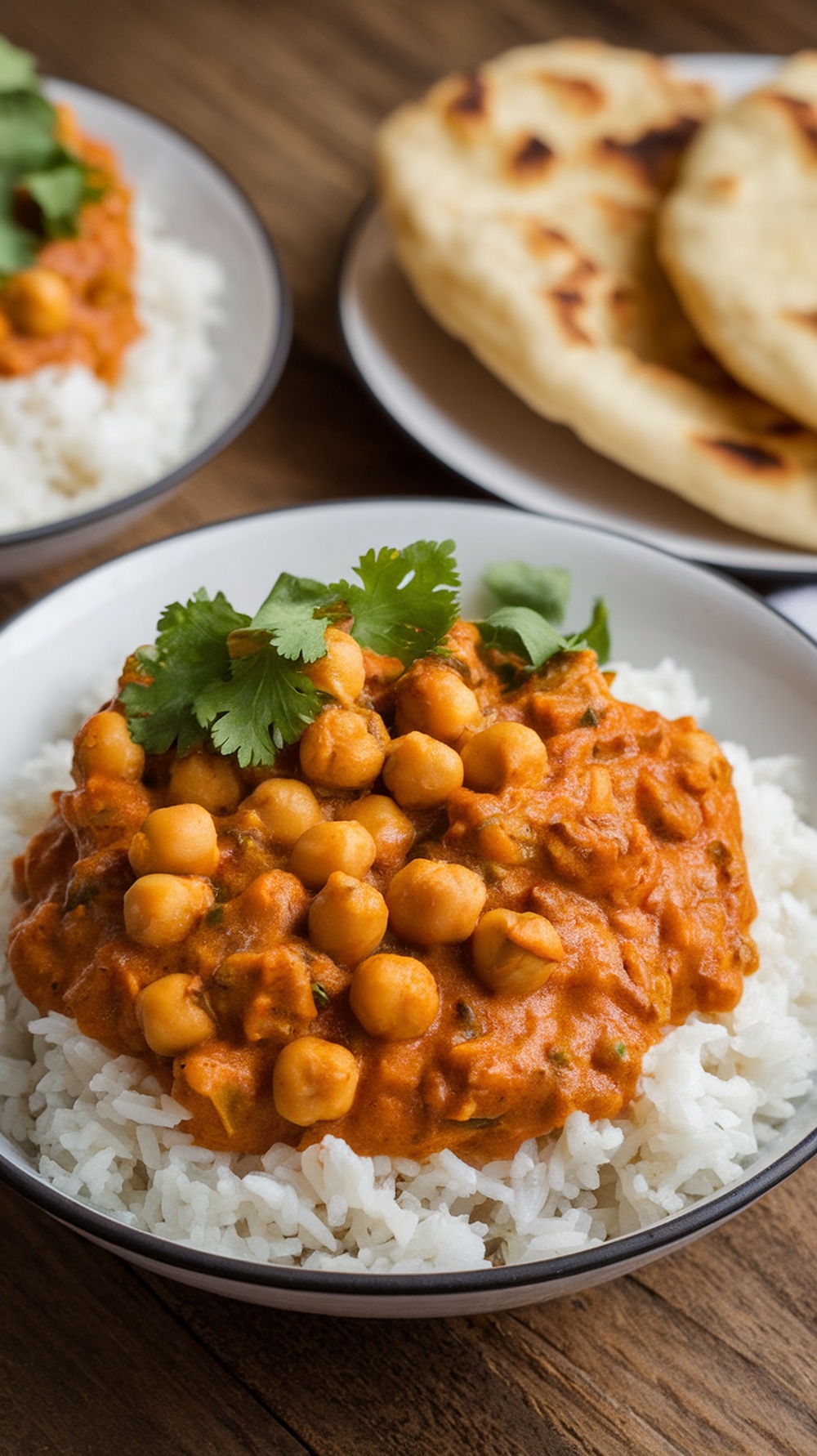 A bowl of spicy chickpea curry with coconut sauce, served over rice with naan and cilantro garnish.