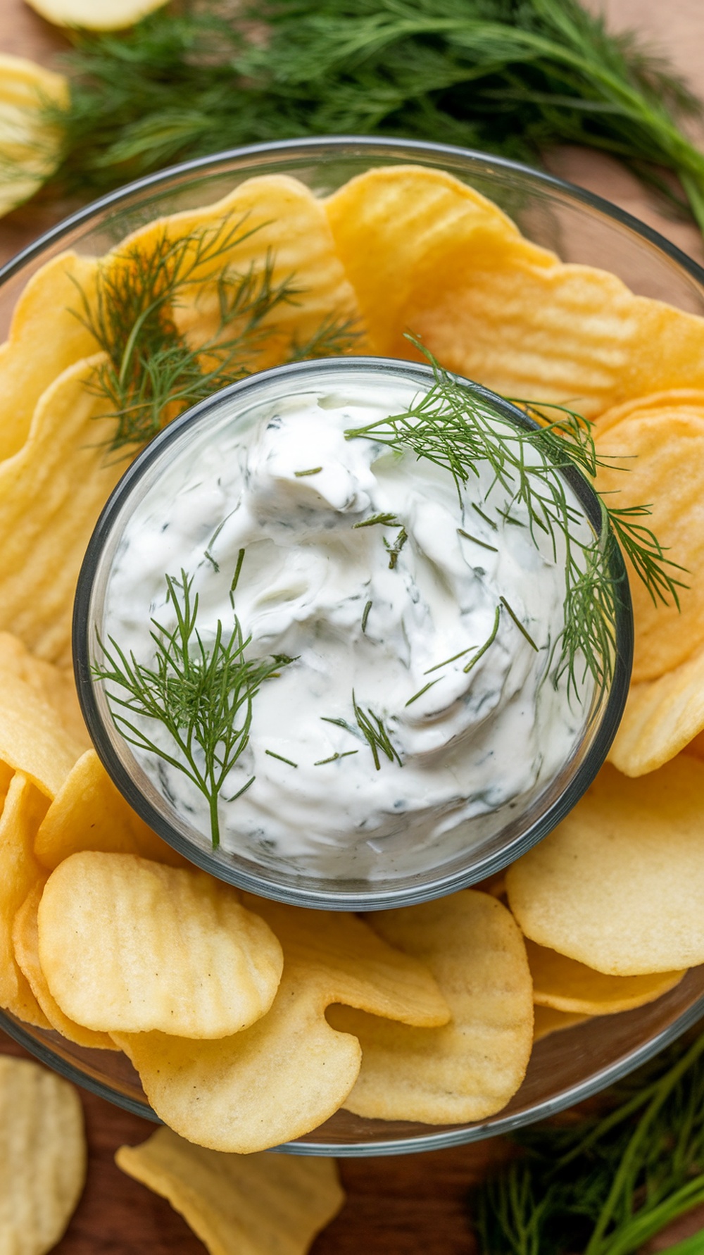 A bowl of Tangy Dill Pickle Sour Cream Dip surrounded by potato chips and fresh dill.