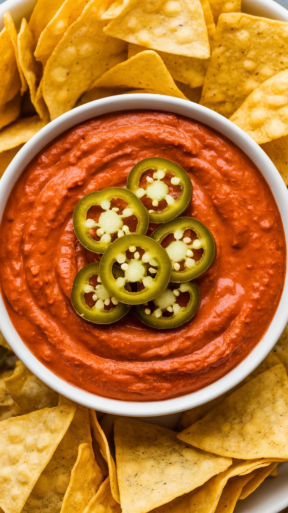 A bowl of spicy jalapeño fried pickle dip surrounded by tortilla chips.