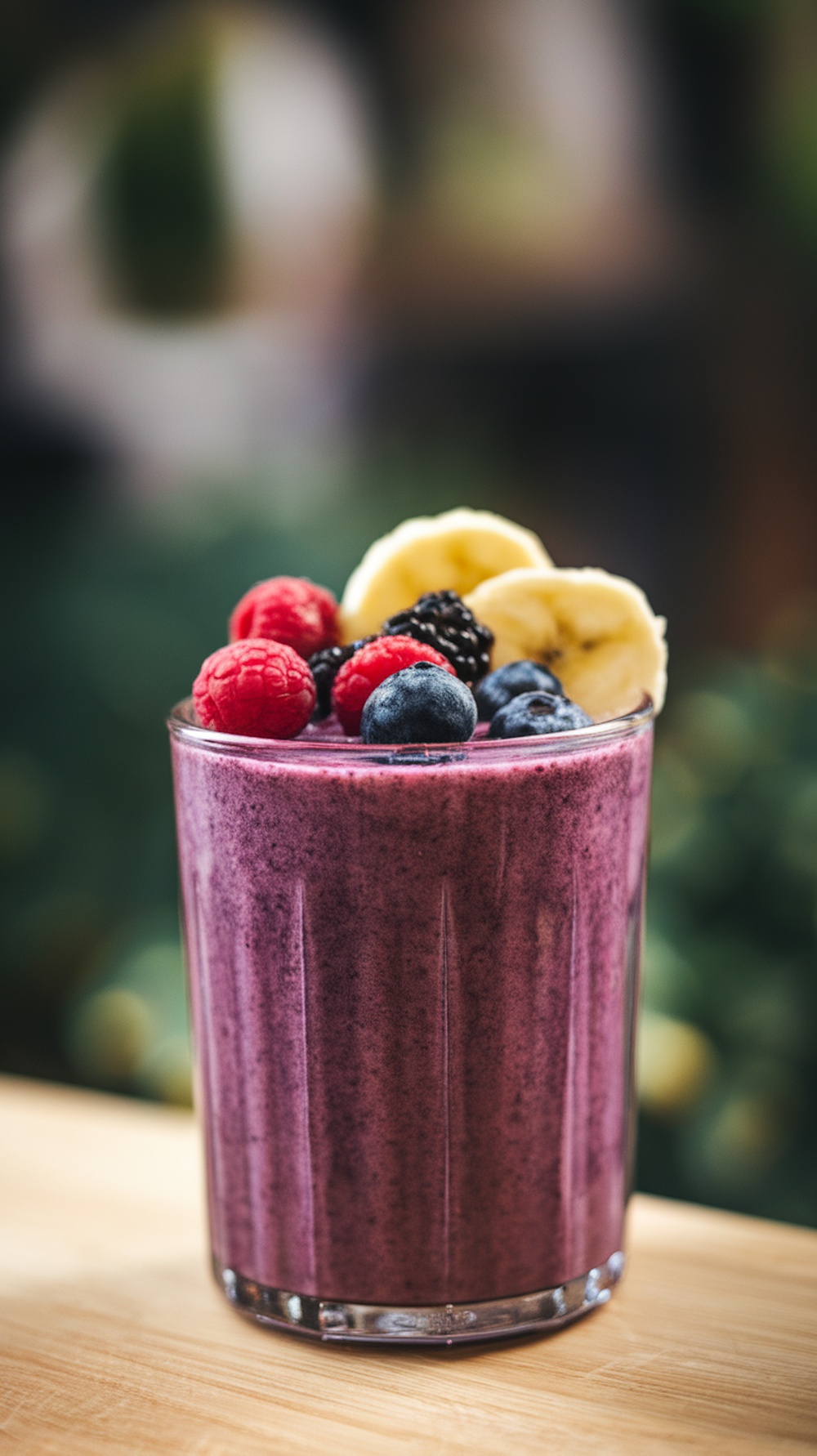 A vibrant smoothie made with berries and banana, topped with fresh fruit.