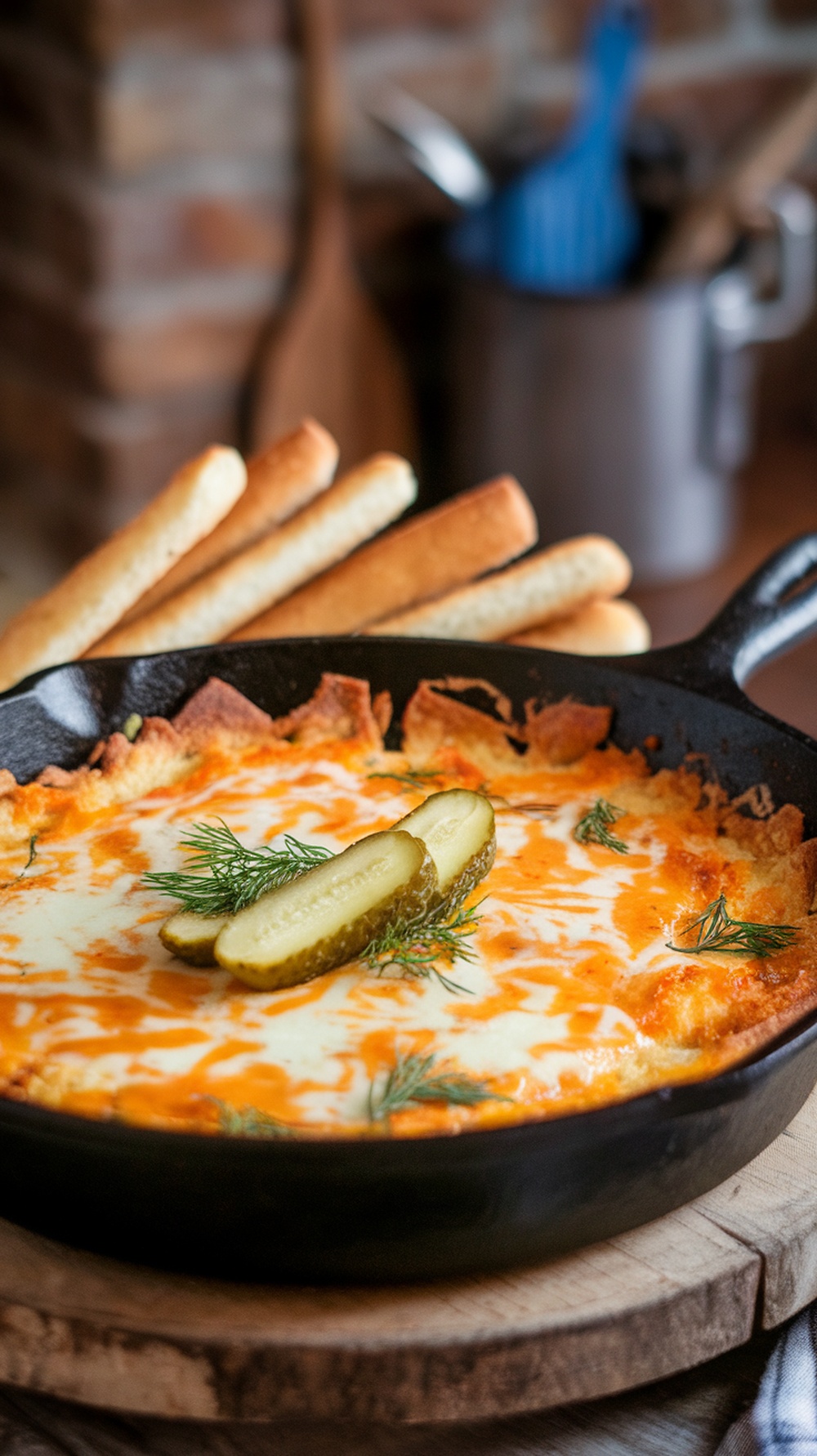 Cheesy Fried Pickle Dip with Dill served in a skillet, topped with pickles and fresh dill, alongside breadsticks.