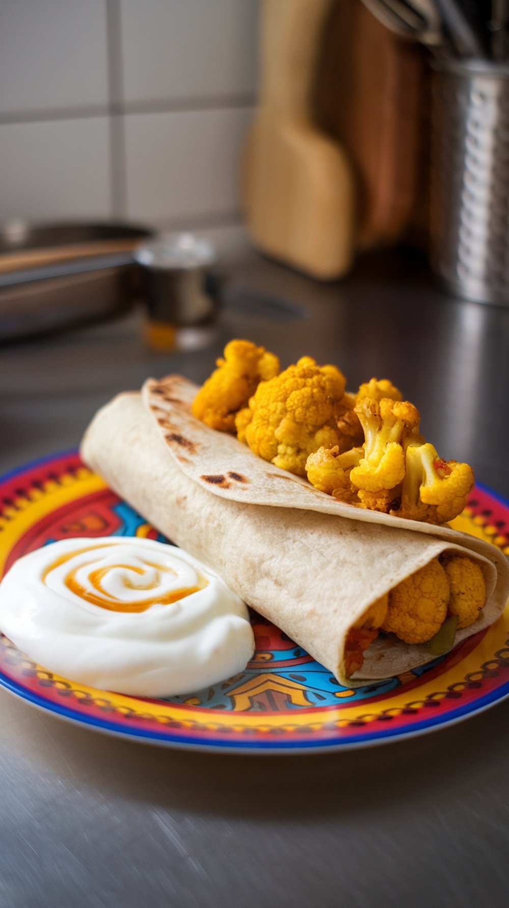 Curried cauliflower breakfast burrito on a colorful plate with yogurt on the side.