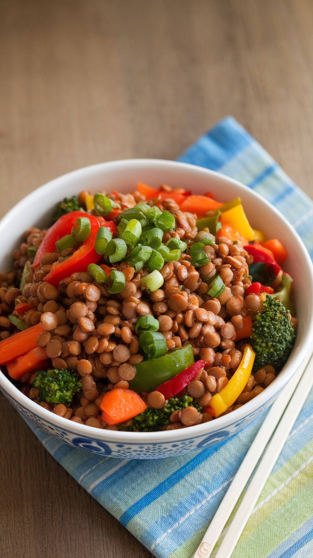 Vibrant Lentil and Vegetable Stir-Fry Recipe A vibrant lentil and vegetable stir-fry with bell peppers, carrots, and broccoli, garnished with green onions, in a rustic bowl.