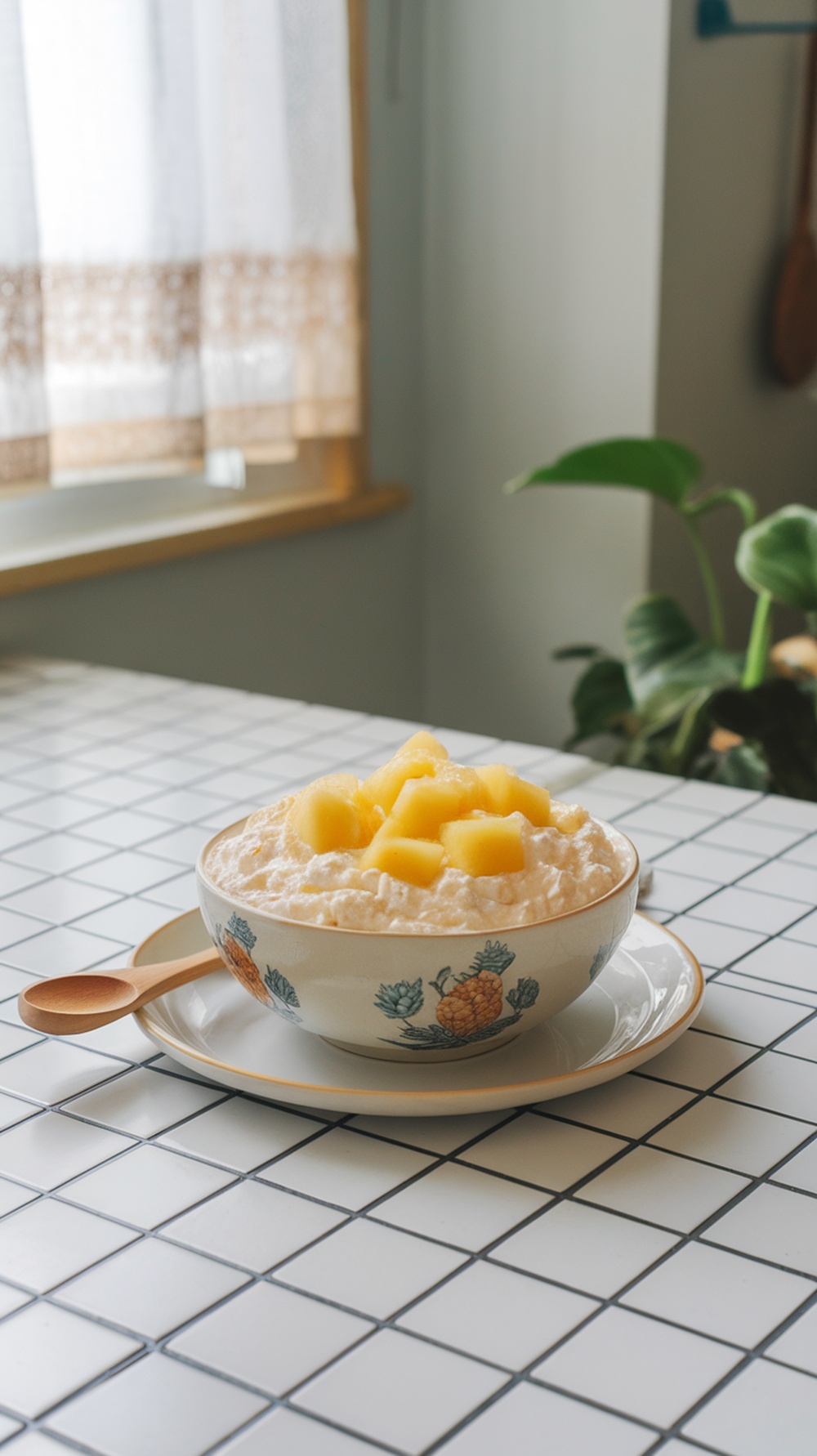 A bowl of cottage cheese topped with pineapple chunks, sitting on a tiled table.