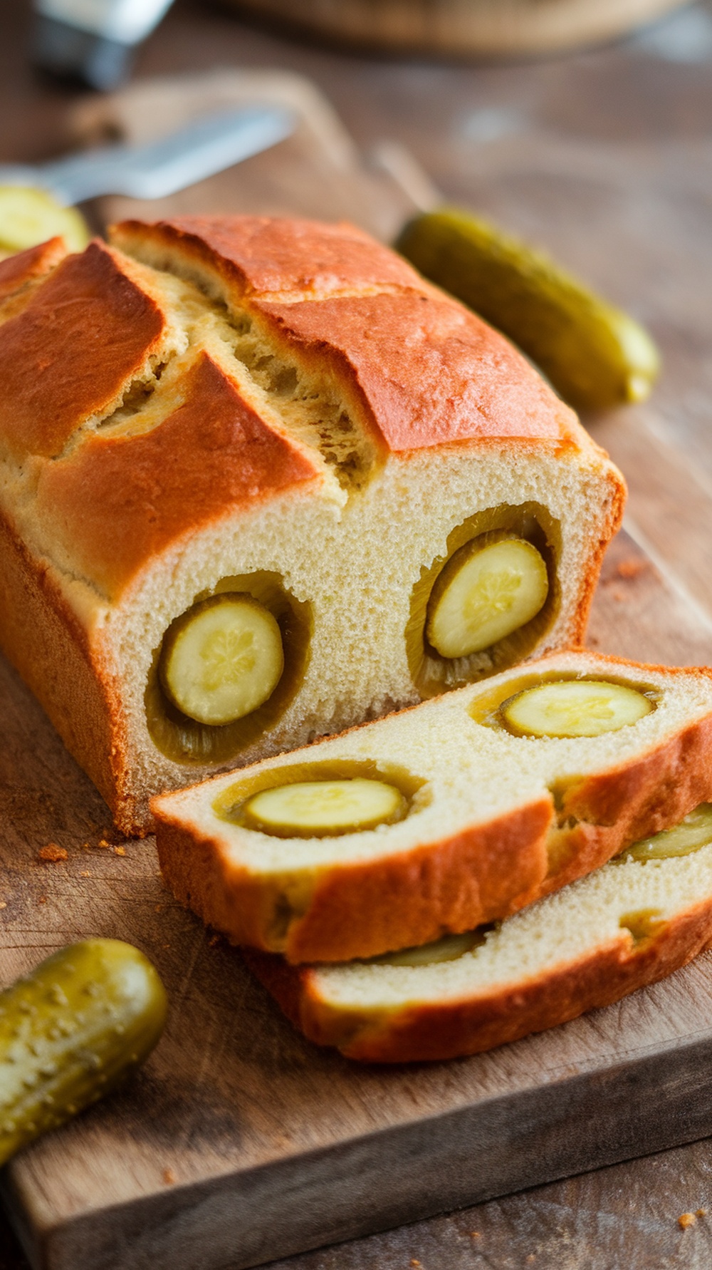 A loaf of classic dill pickle bread, sliced to show pickles inside