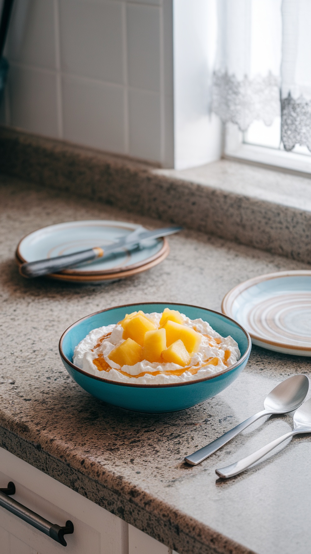 A bowl of cottage cheese topped with pineapple chunks on a kitchen counter.