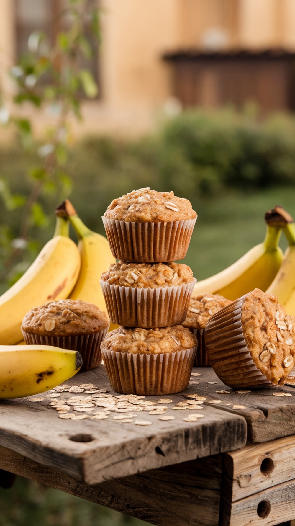 A stack of banana oatmeal muffins with fresh bananas on a rustic wooden table