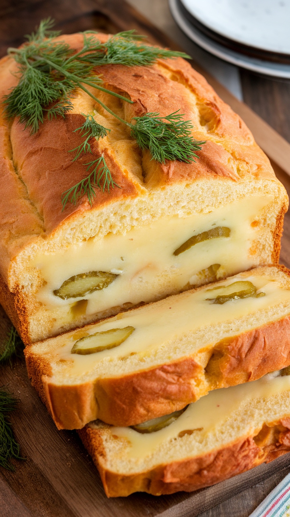 A loaf of Cheddar Dill Pickle Bread sliced to show cheese and pickles inside, garnished with fresh dill.