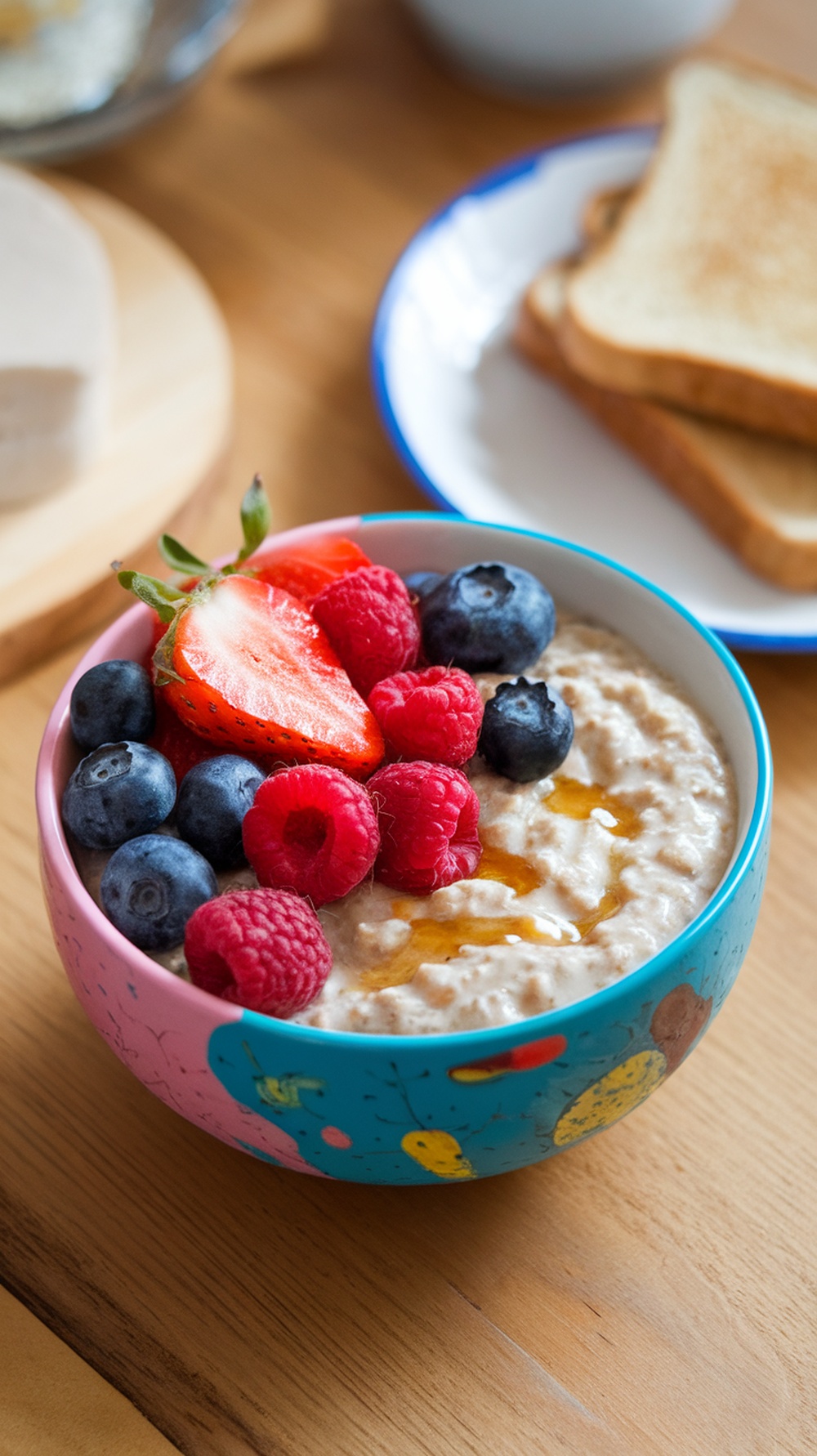 A colorful bowl of overnight oats topped with fresh berries and a drizzle of honey.