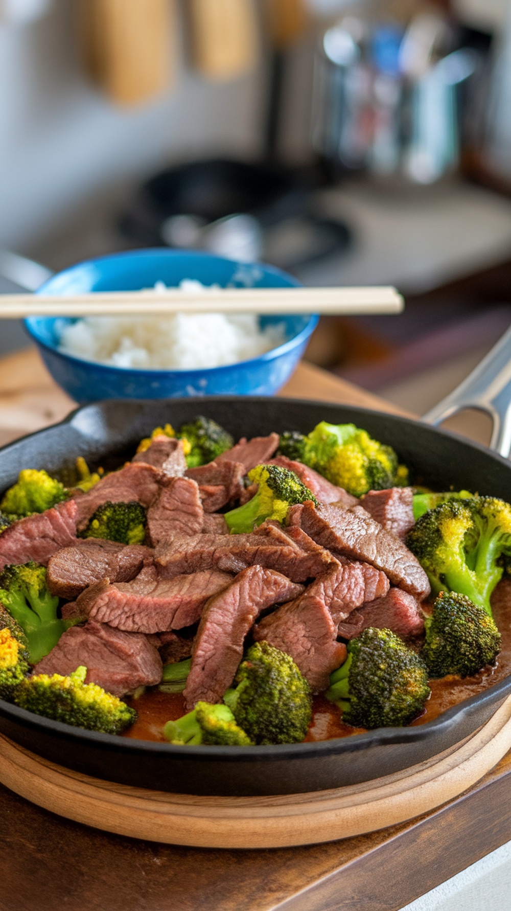 Satisfying Beef and Broccoli Skillet Recipe A delicious beef and broccoli skillet with beef slices and broccoli in sauce, served with rice on a wooden table.
