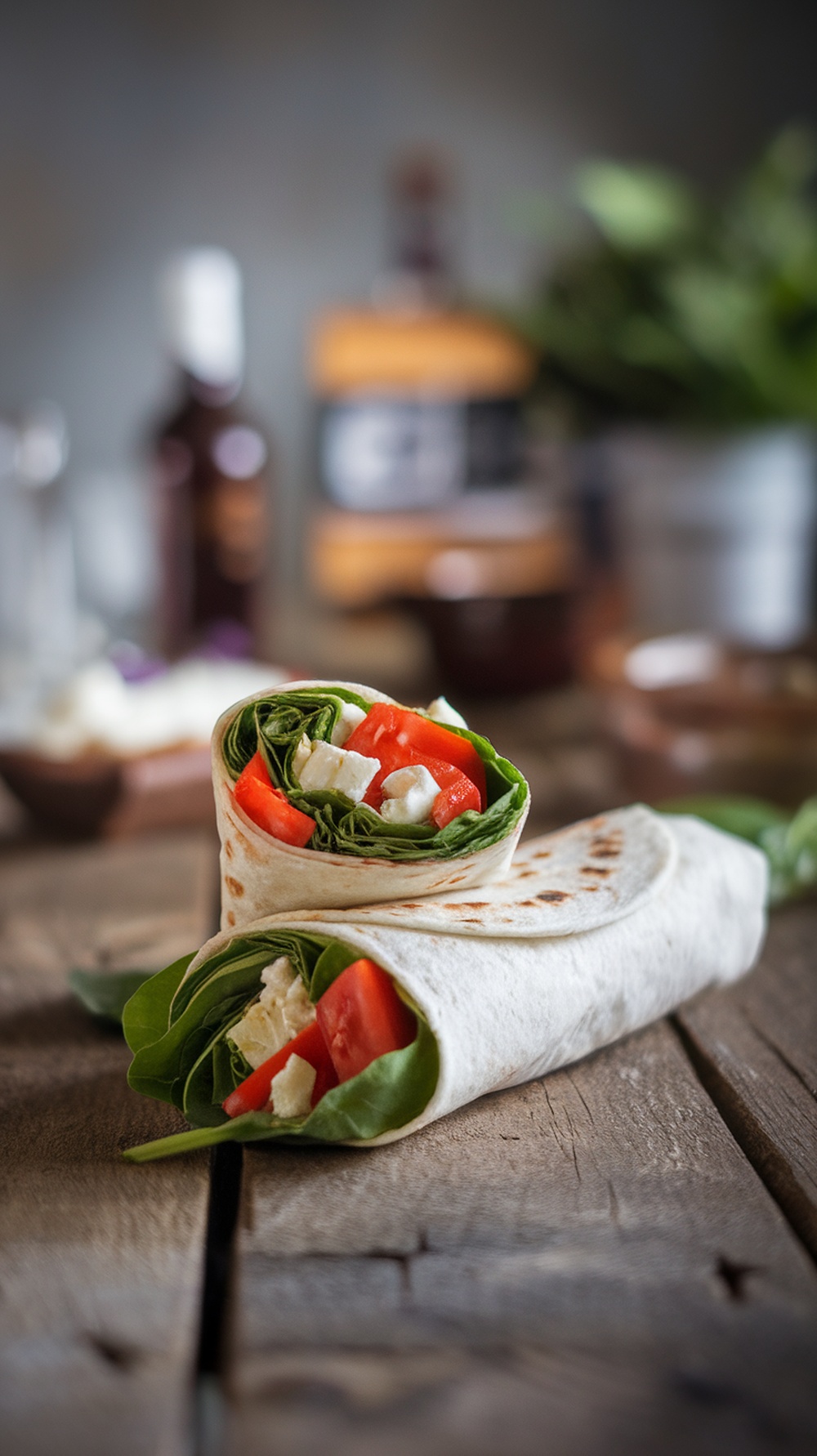 A spinach and feta breakfast wrap with fresh ingredients, placed on a rustic wooden table.