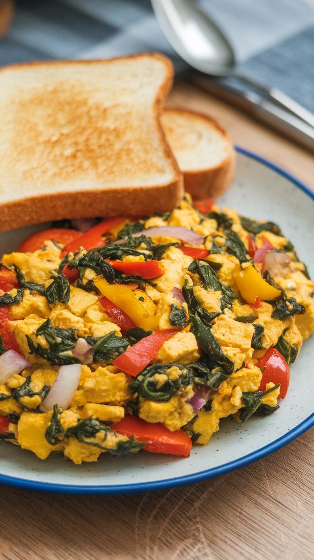 A colorful tofu scramble with vegetables served on a plate next to slices of toasted bread.