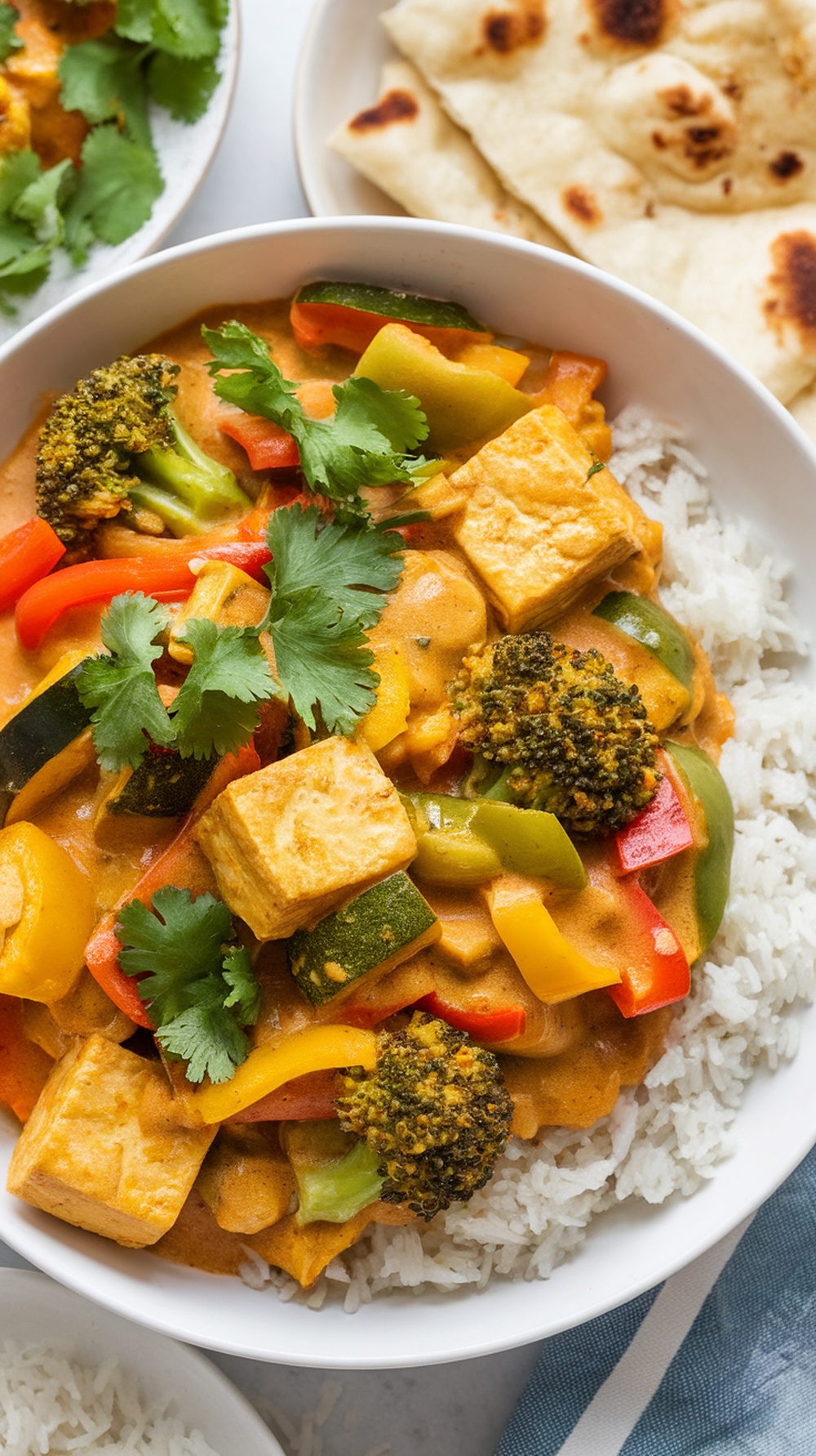 Aromatic Tofu and Vegetable Curry Recipe A bowl of tofu and vegetable curry with colorful vegetables in coconut sauce, served with rice and naan.