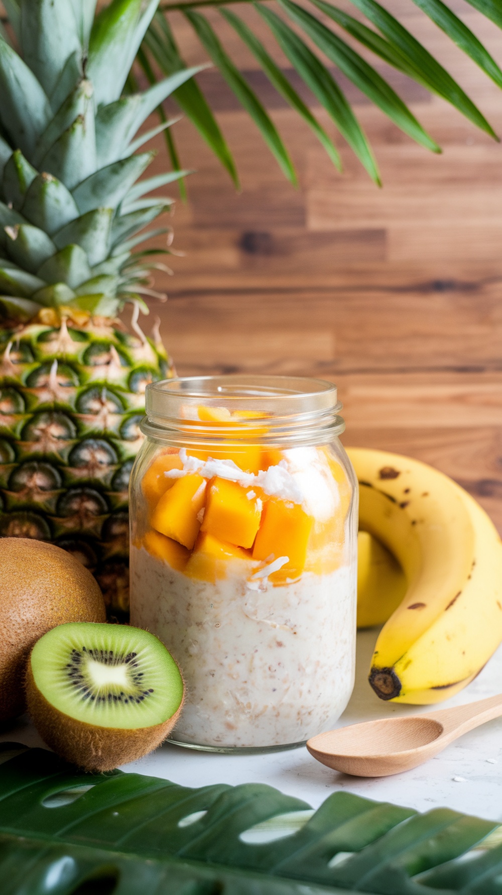 A jar of mango coconut overnight oats with fresh fruits like banana, kiwi, and a pineapple in the background.