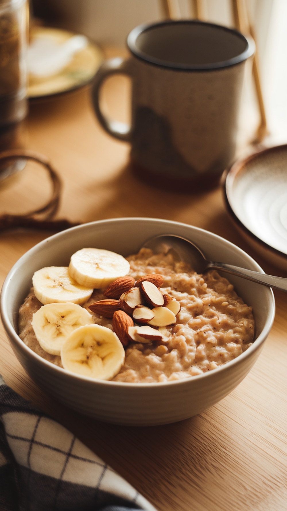 A bowl of oatmeal topped with sliced bananas and almonds, with a cozy setting in the background.