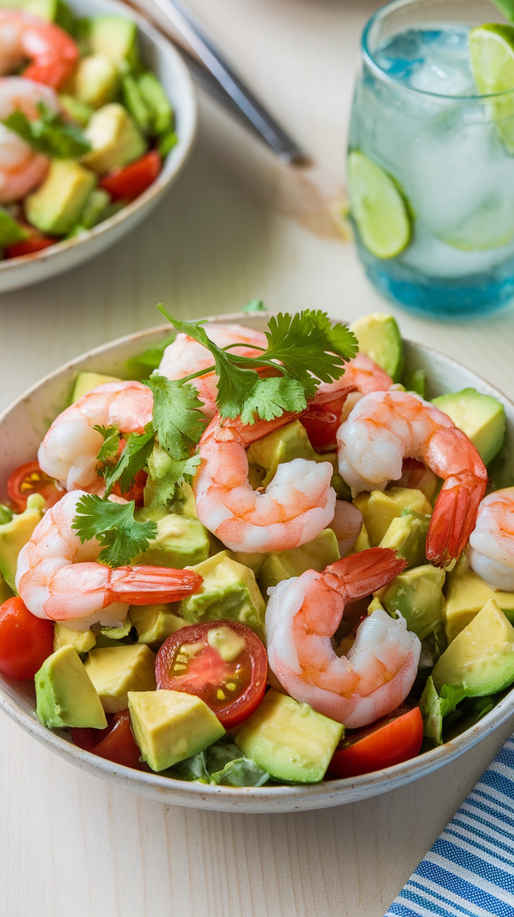 Refreshing Shrimp and Avocado Salad Recipe A colorful shrimp and avocado salad with shrimp, avocado, tomatoes, and cucumber, garnished with cilantro.