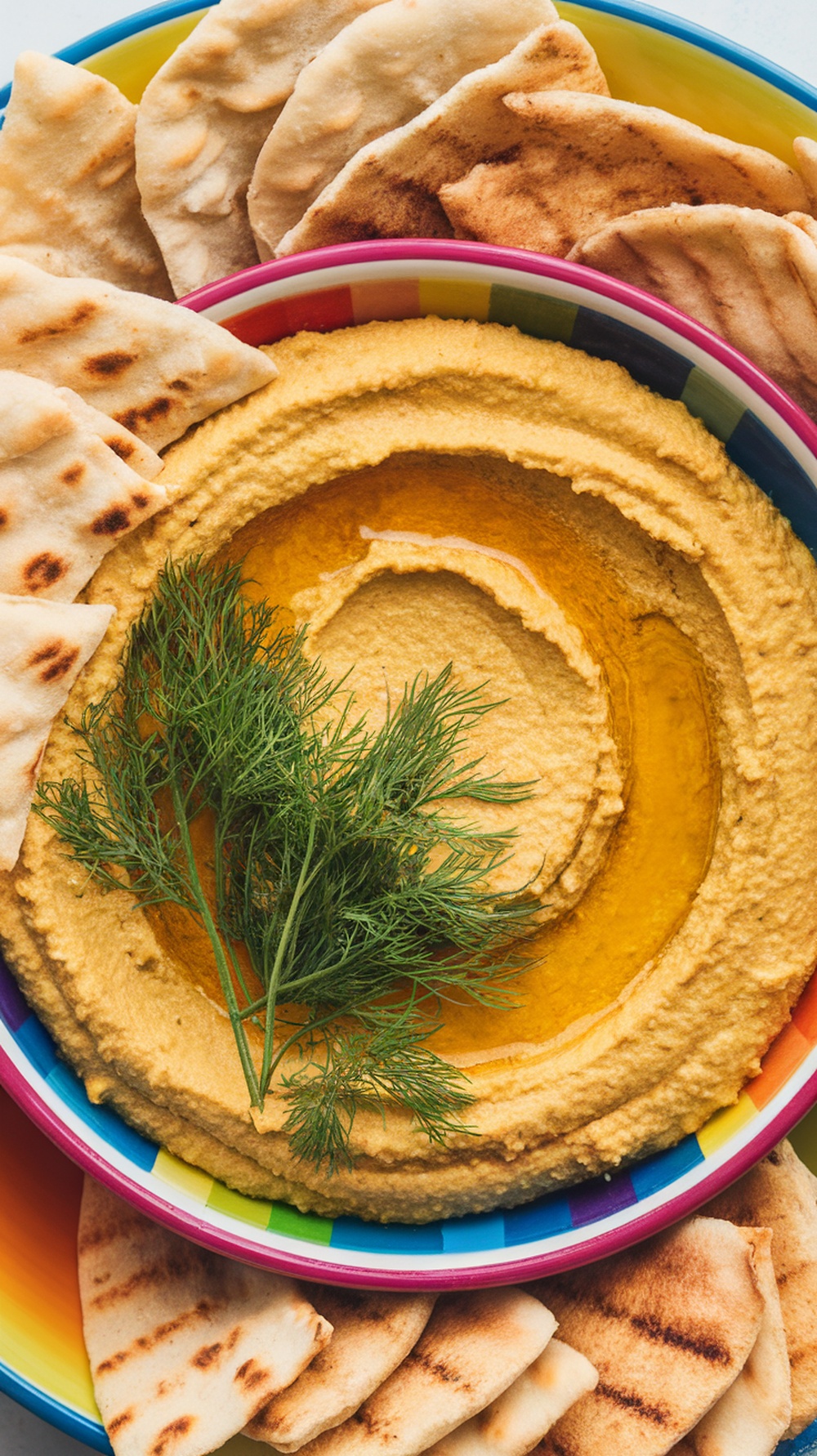 A colorful bowl of dill pickle hummus garnished with dill and surrounded by pita chips.