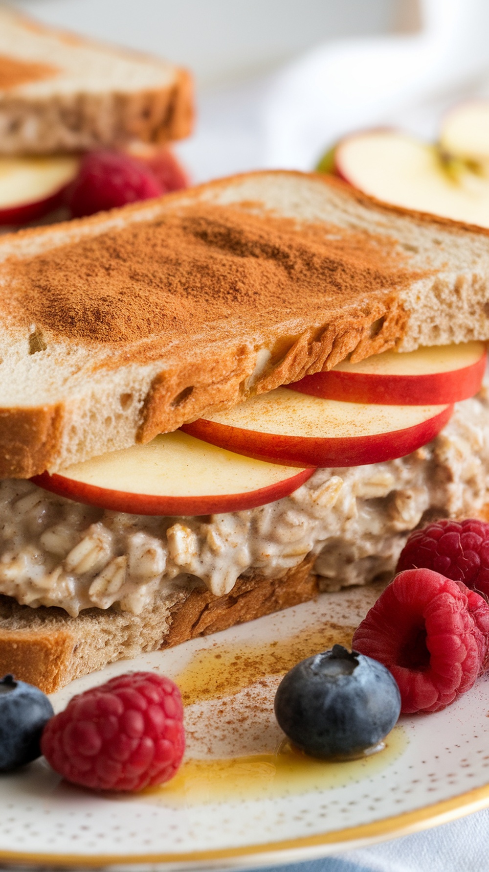Apple Cinnamon Overnight Oats Sandwich with apple slices and berries