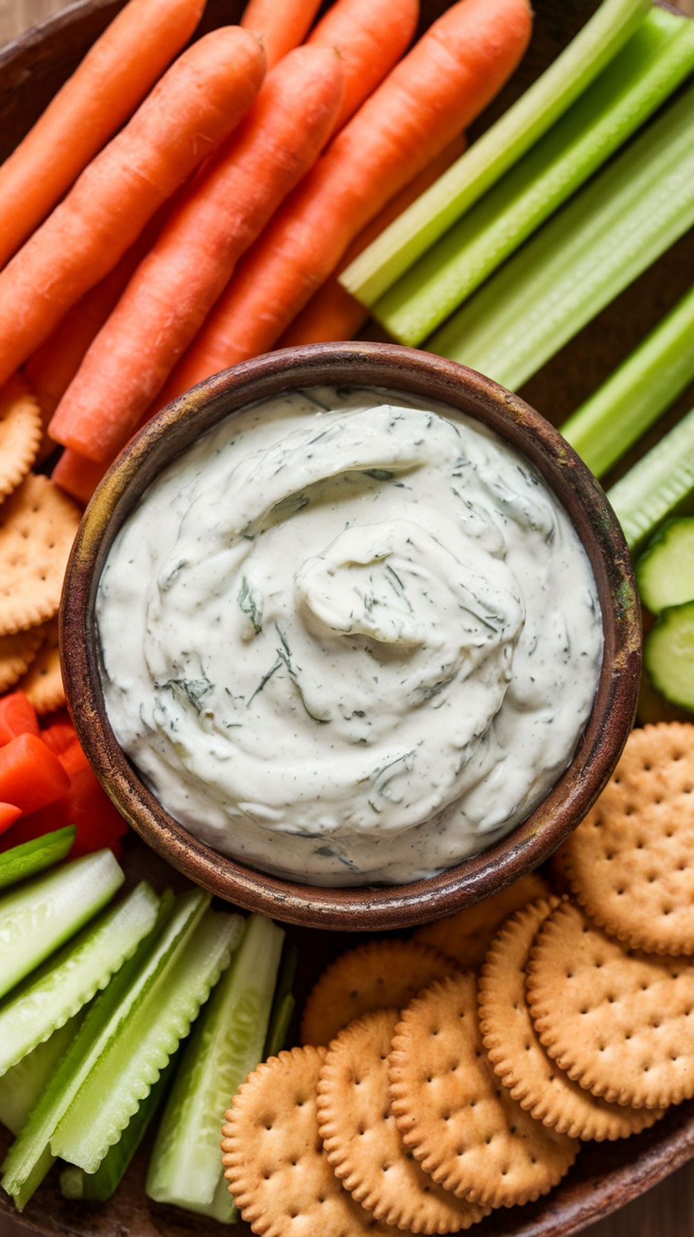 A bowl of creamy dill pickle ranch dip surrounded by fresh vegetables and crackers.