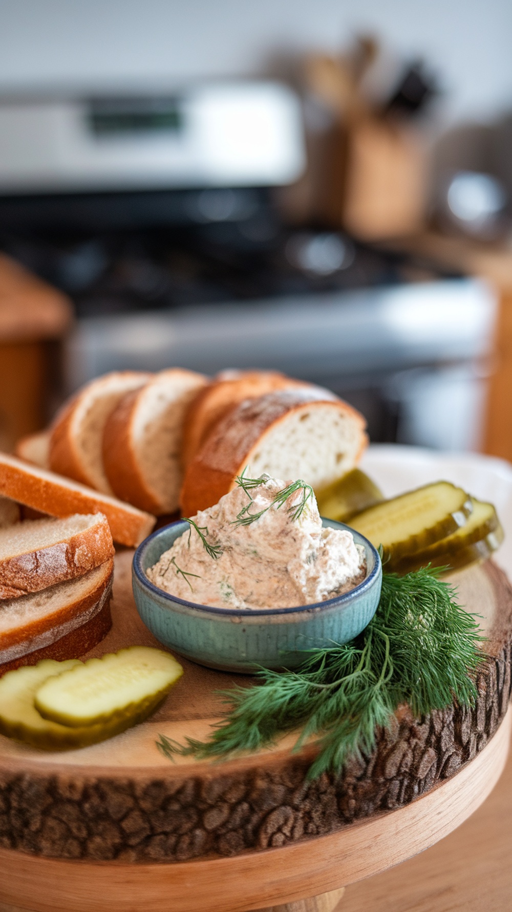 A bowl of spicy dill pickle cheese spread with slices of bread and pickles on a wooden board.