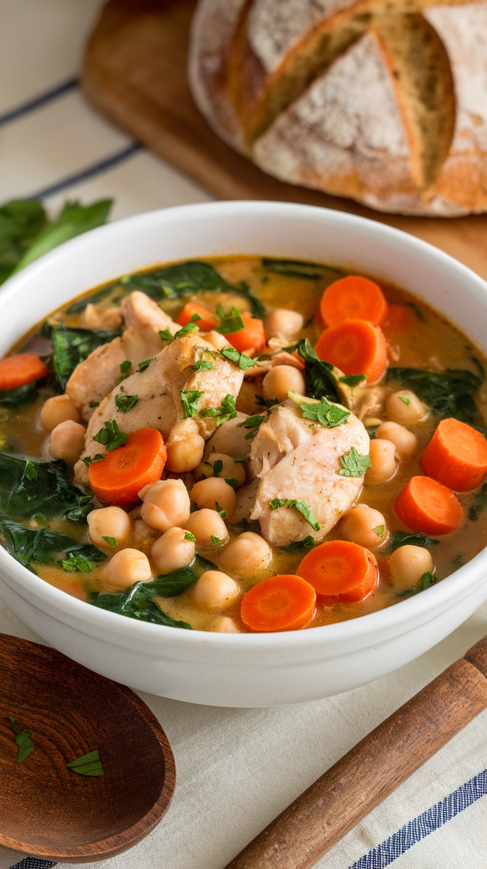 Comforting Chicken and Chickpea Stew Recipe A hearty chicken and chickpea stew with carrots and spinach, garnished with parsley, served in a rustic bowl with bread.