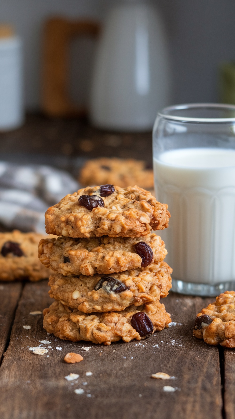 A stack of oatmeal raisin energy cookies next to a glass of milk on a wooden surface.